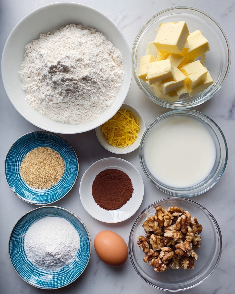 The image shows a collection of baking ingredients arranged neatly on a white marbled surface. In the center is a large white bowl filled with white flour, with a slightly uneven, powdery texture and some small lumps. To the right, there is a clear glass bowl holding pale yellow butter chunks with smooth texture. Below the flour, a medium glass bowl contains white milk with a glossy surface. Next to it, on the bottom left, a small blue and white plate has a pile of beige dry yeast granules. Above that, a small blue and white plate holds finely grated yellow lemon zest. To the right of the milk bowl, a white bowl is filled with chopped brown walnuts, showing a rough, crumbly texture. On a small white plate below the walnuts, there is a light brown egg, a spoonful of cocoa powder that is dark brown and powdery, and a spoonful of dark amber vanilla extract. Another clear glass bowl at the bottom center holds a mound of white sugar. The ingredients are organized closely together, with clear visibility of each item. Photo taken with an iphone --ar 4:5 --v 7