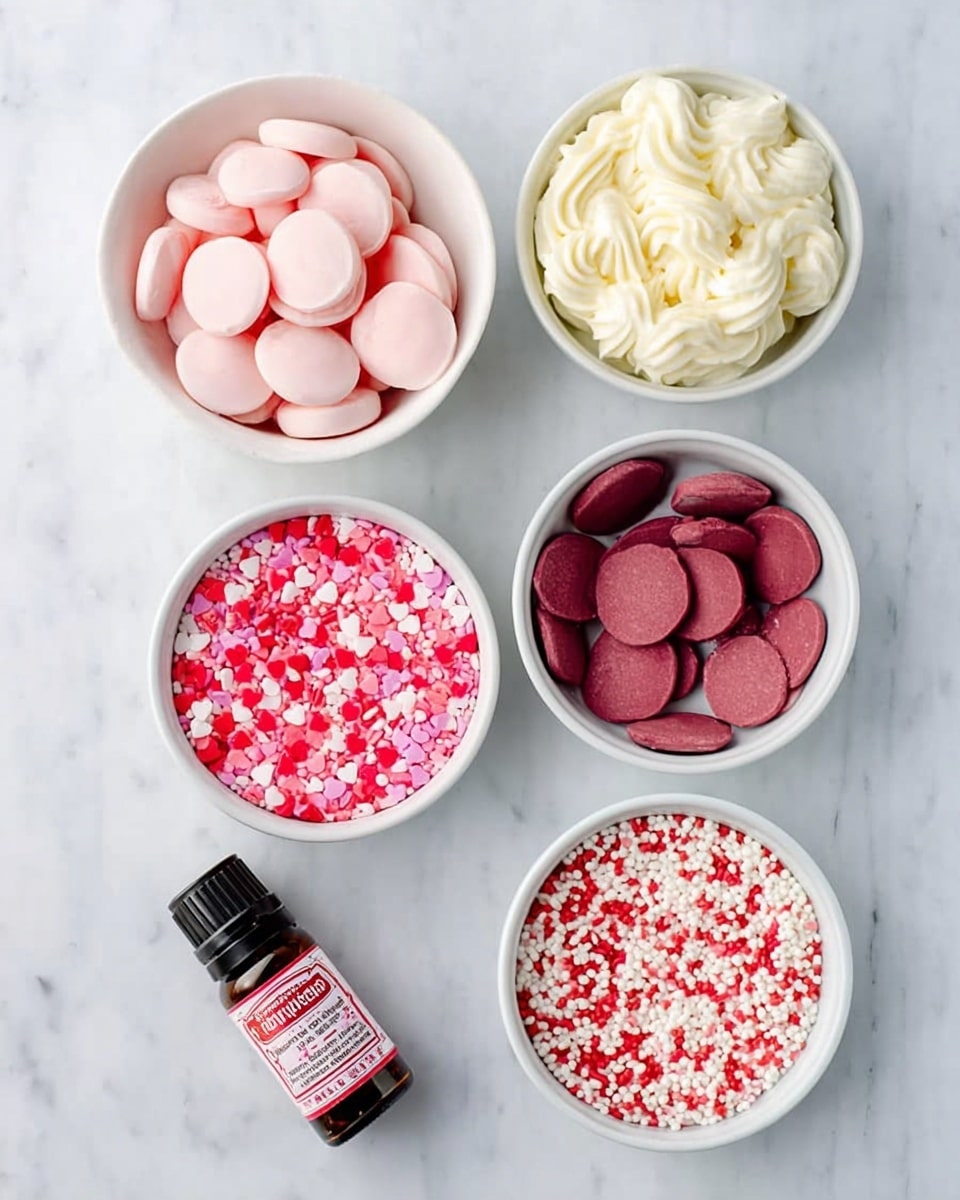 The image shows six white bowls and one bottle arranged on a white marbled surface. Starting from the top left, there is a white bowl filled with round, smooth, pale pink discs. To its right, a white bowl holds soft, creamy white swirls of frosting. Below the first bowl, a white bowl is filled with tiny heart-shaped pink and red sprinkles. To its right, there is a white bowl containing round, smooth, dark pink discs. At the bottom left is a small dark bottle with a red and white label. To its right, a white bowl contains round white and red sprinkles. The items are neatly spaced in a grid-like pattern. Photo taken with an iphone --ar 4:5 --v 7