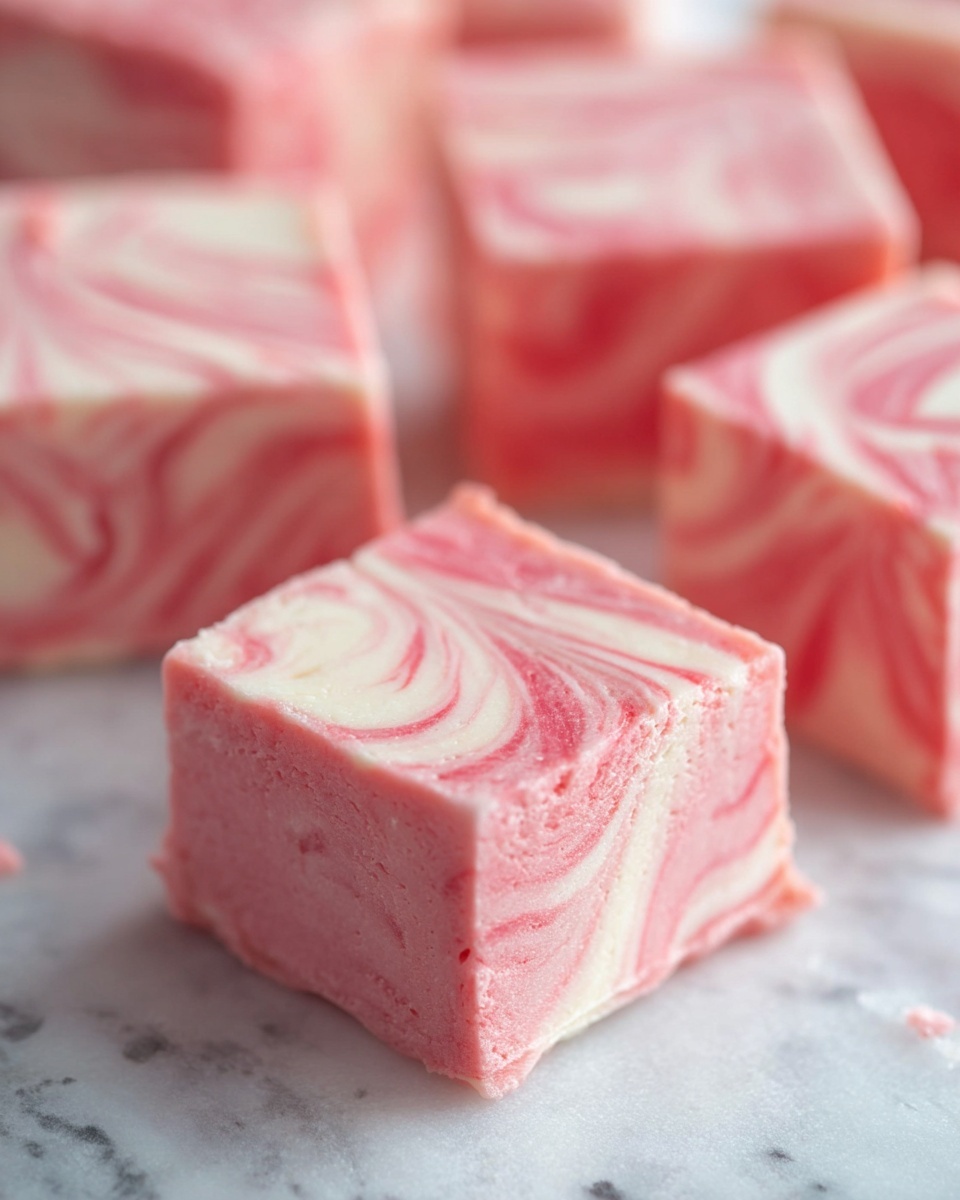The image shows several square pieces of pink and white swirled fudge, each piece with a smooth texture and marbled patterns on the top and sides. The fudge squares are evenly cut, and the swirls create a mix of light pink and creamy white tones, giving a soft and creamy look. They are placed on a white marbled surface that adds subtle texture below the fudge. The focus is on the front square with others blurred in the background, highlighting the detail in the swirled design. photo taken with an iphone --ar 4:5 --v 7