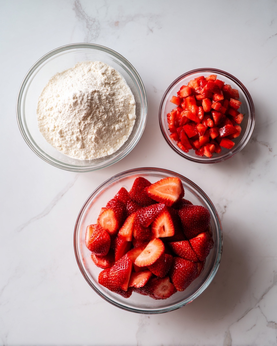 Three clear glass bowls sit on a white marbled surface. The largest bowl on the right holds a layer of bright red strawberries, some whole and some cut in half, showing their juicy texture. The large bowl on the left contains a fine, white powdery layer of flour, with a slightly uneven surface. Above these two, a small bowl is filled with finely chopped strawberries, bright red and fresh. The bowls are spaced apart evenly, and the colors contrast nicely with the clean white background. photo taken with an iphone --ar 4:5 --v 7
