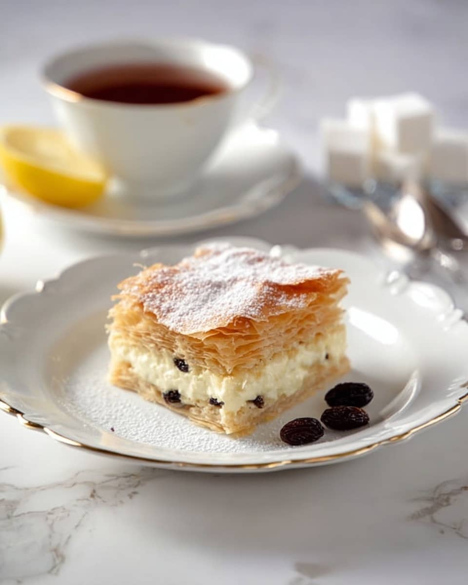 A square piece of layered dessert with three visible layers of golden-brown flaky pastry on top and bottom, sandwiching two thick creamy white layers with small dark raisins inside, dusted lightly with powdered sugar. The dessert sits on a white plate with a scalloped edge and thin gold rim, placed on a white marbled surface. Around the dessert are three raisins on the plate. In the background, there is a white cup and saucer with dark tea and a lemon wedge on the side, with a silver spoon and white sugar cubes nearby. Photo taken with an iphone --ar 4:5 --v 7