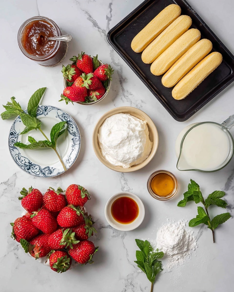 The image shows ingredients for a dessert arranged on a white marbled surface. On the top right, there is a black tray with a layer of long, pale yellow ladyfinger biscuits neatly aligned. Below the tray, scattered bright red strawberries with green tops fill the scene, some whole, some in a small white plate with blue decorative patterns. To the left side, there is a jar with a brown chunky jam and a spoon inside. At the center right, a small beige bowl holds a rough mound of white cream. Toward the bottom right, a clear glass jug contains white milk. Near the bottom center are small white dishes, one with a dark amber liquid and the other with a heap of white powder. Fresh mint leaves add vibrant green around the edges. Photo taken with an iphone --ar 4:5 --v 7