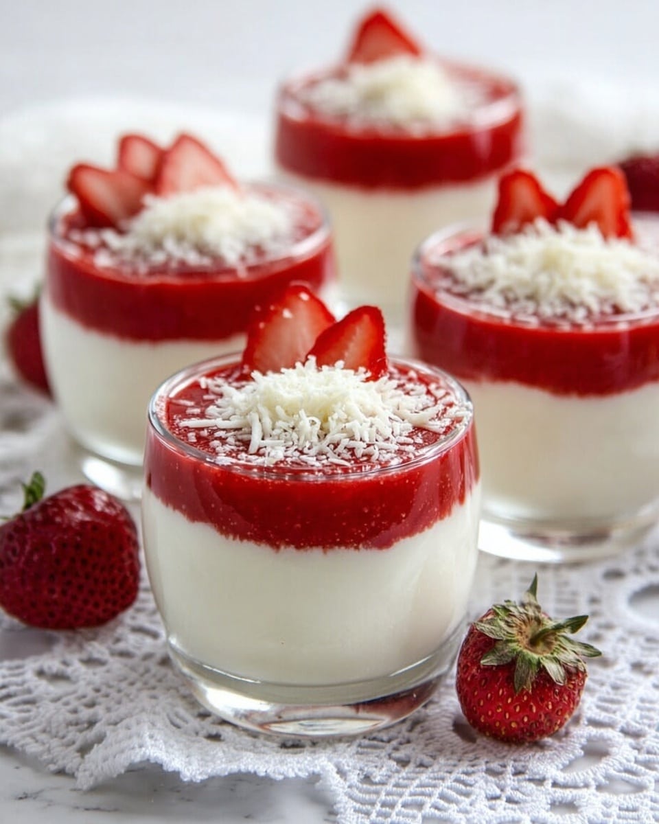 This image shows four glass dessert cups filled with a two-layer dessert placed on a white marbled surface with a white lace cloth underneath some cups. Each cup has a bottom layer of smooth white creamy texture, topped with a thick red strawberry layer. On top of the red layer, there is a sprinkle of white shredded topping, and a fresh strawberry slice is placed as decoration on the edge of each cup. A whole strawberry is placed near the front cup on the surface. The background is simple and bright, emphasizing the fresh colors of the dessert photo taken with an iphone --ar 4:5 --v 7