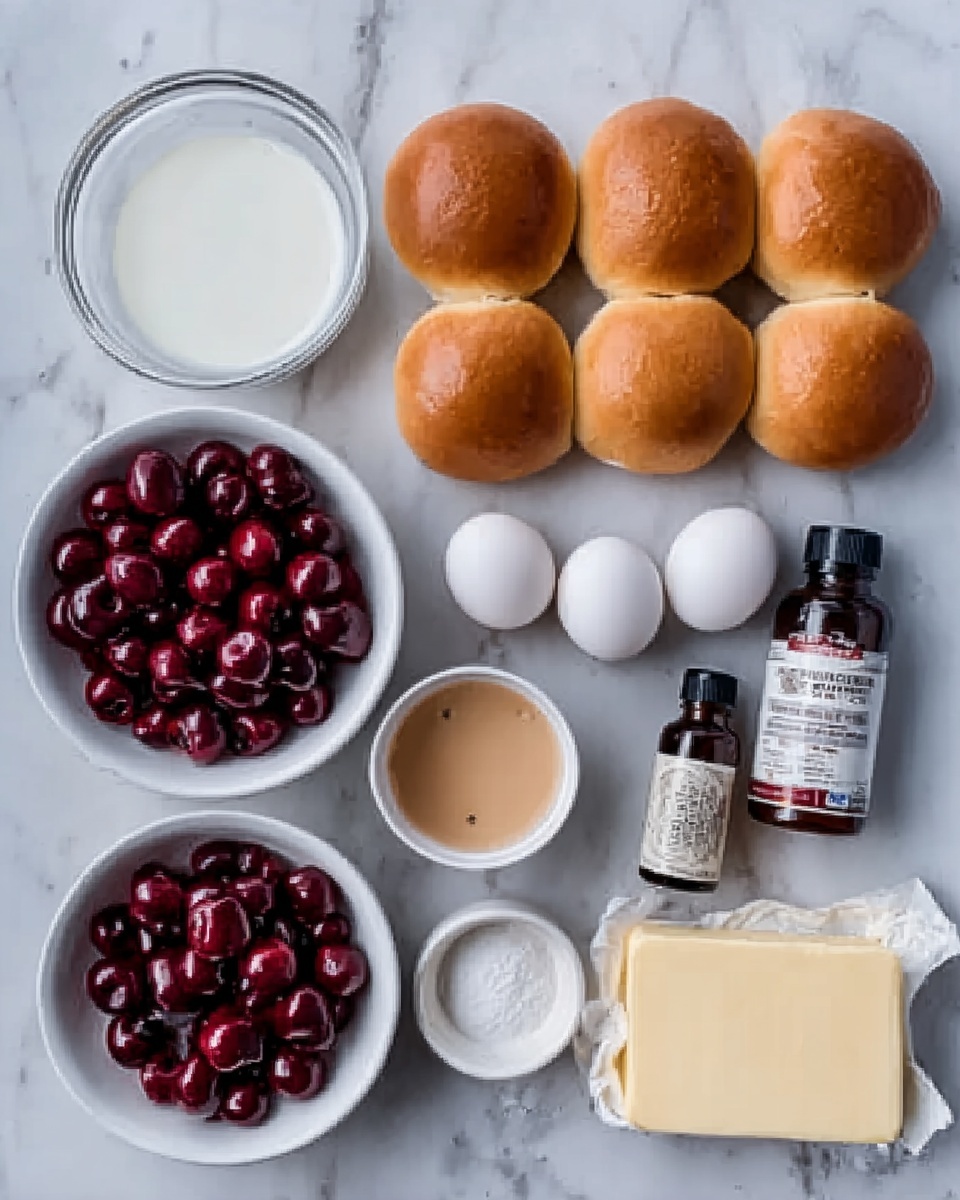The image shows several kitchen ingredients neatly placed on a white marbled surface. At the top, there are four golden-brown round bread buns lined up closely in a row. Below them are four white eggs arranged in a square shape inside a small white bowl. To the left of the eggs is a transparent glass bowl filled with white milk. To the far left, a large white bowl is filled to the top with dark red cherries. Next to the cherries are two small white bowls, one with a light brown liquid, and the other empty or containing a small amount of white powder. Between the eggs and cherries are two small vanilla extract bottles with dark labels, one larger than the other. At the bottom right is a small block of pale yellow butter wrapped in a light wrapper. The overall impression is a clean, organized display of ingredients against the white marbled texture. photo taken with an iphone --ar 4:5 --v 7