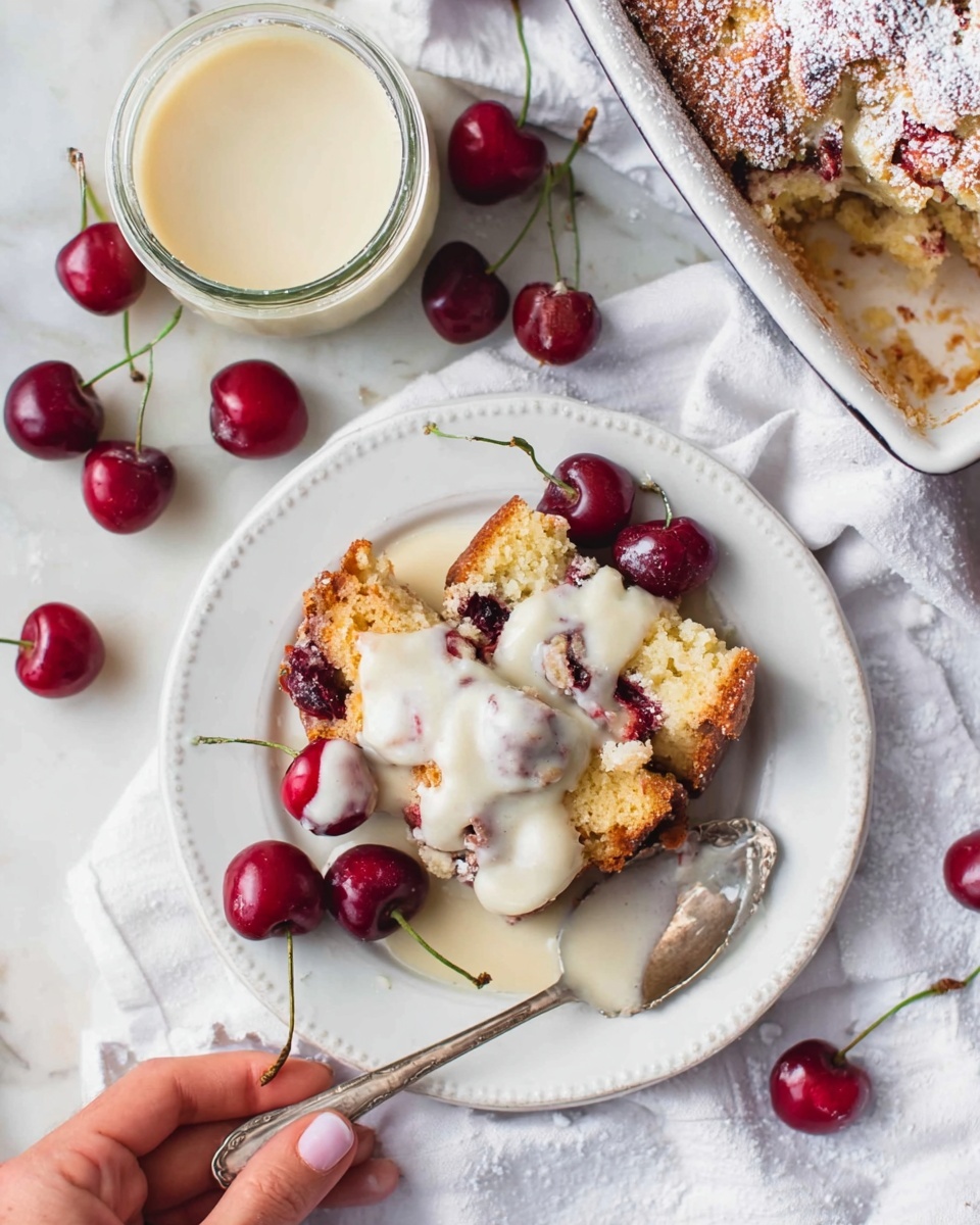 The image shows a white plate with two pieces of soft, golden cherry cake, with visible dark red cherries inside. The cake is topped with a creamy white sauce that drips slightly down the sides. A shiny silver spoon rests on the plate next to the cake, with a woman’s hand holding it gently. Scattered fresh cherries with green stems surround the plate on a white marbled surface covered with a white cloth. Nearby, there is an open glass jar containing more of the creamy sauce with a spoon inside and a white baking dish with some cake left inside, dusted lightly with powdered sugar. The overall scene is bright and inviting. photo taken with an iphone --ar 4:5 --v 7