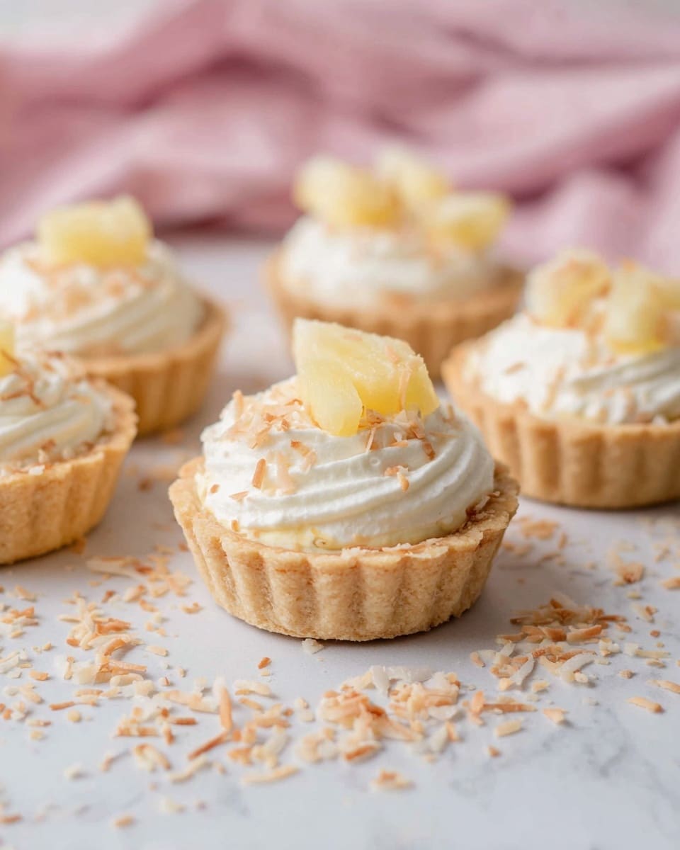Small tartlets are arranged on a white marbled surface. Each tartlet has three layers: a light golden crust at the bottom, a thick white cream filling in the middle with a soft, fluffy texture, and small pieces of pale yellow fruit on top. There are toasted coconut flakes scattered around the tartlets on the surface. The scene is softly lit with a pastel pink cloth blurred in the background. photo taken with an iphone --ar 4:5 --v 7