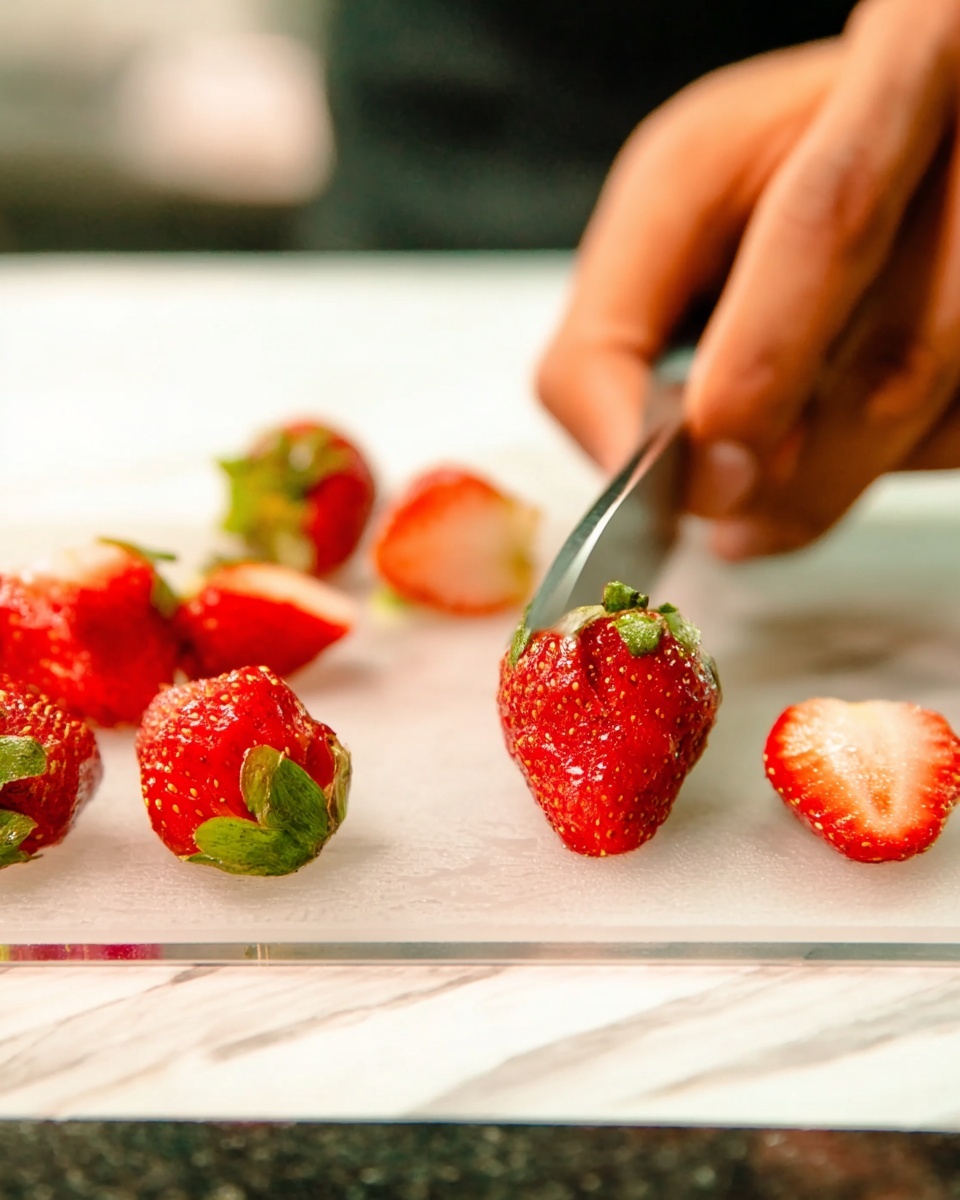 A close-up image shows a person's hand holding a knife slicing a red strawberry placed on a clear cutting board. Several whole and halved strawberries with bright green leaves are scattered around the cutting board. The background is softly blurred, highlighting the sharp focus on the strawberries and the hand in action. The surface beneath the cutting board appears white with a marbled texture. photo taken with an iphone --ar 4:5 --v 7