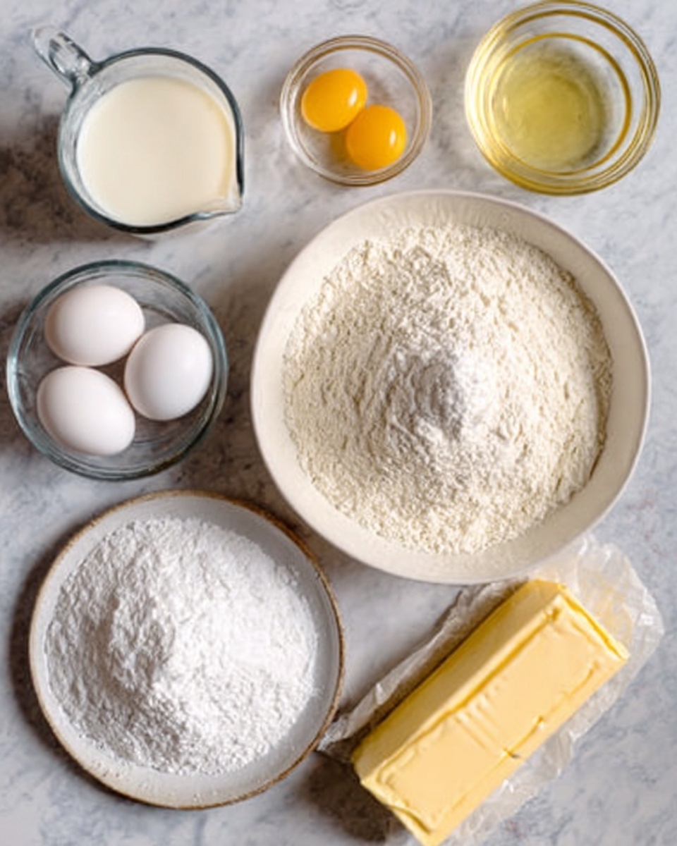 The image shows several white bowls and a cup on a white marbled surface. At the center is a white bowl filled with white flour, with a small mound of baking soda or powder on top. To the left, there is a small glass bowl holding three white eggs. Below the flour bowl is a white plate filled with white sugar. On the upper left, a clear glass cup is filled with milk. On the upper right, a clear glass cup has a light yellow liquid, likely oil. To the right, a stick of yellow butter wrapped in paper sits beside two egg yolks in a small clear dish. Photo taken with an iphone --ar 4:5 --v 7