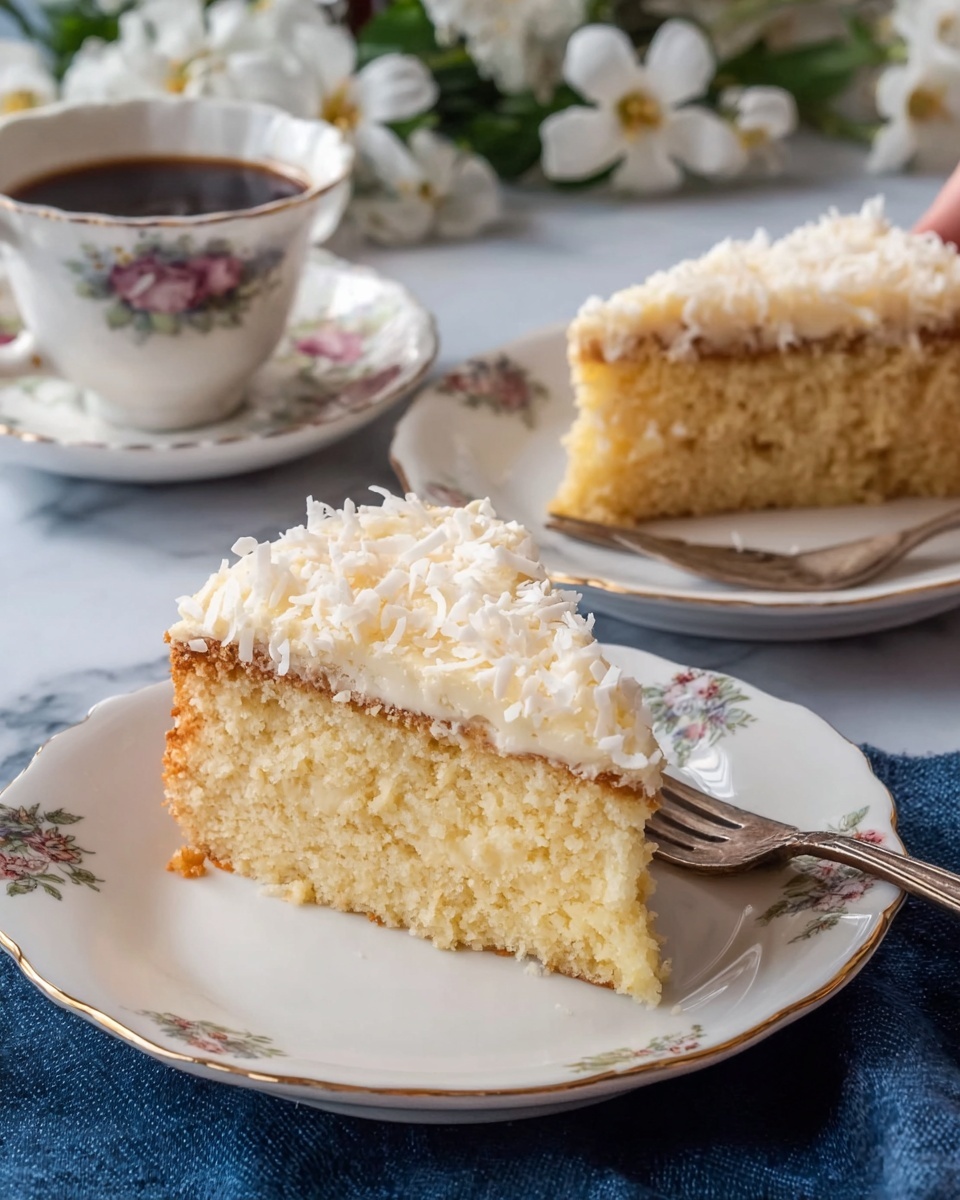 The image shows two slices of a light yellow cake on white plates with floral designs along the edges. Each cake slice has two layers: a moist, dense cake base and a thick white topping covered with shredded coconut. The plates rest on a white marbled surface with a dark blue cloth underneath. In the background, there is a white cup and saucer set with a floral pattern, filled with dark coffee, and a woman's hand holding a fork near the upper plate. Soft white flowers can also be seen to the left side. Photo taken with an iphone --ar 4:5 --v 7
