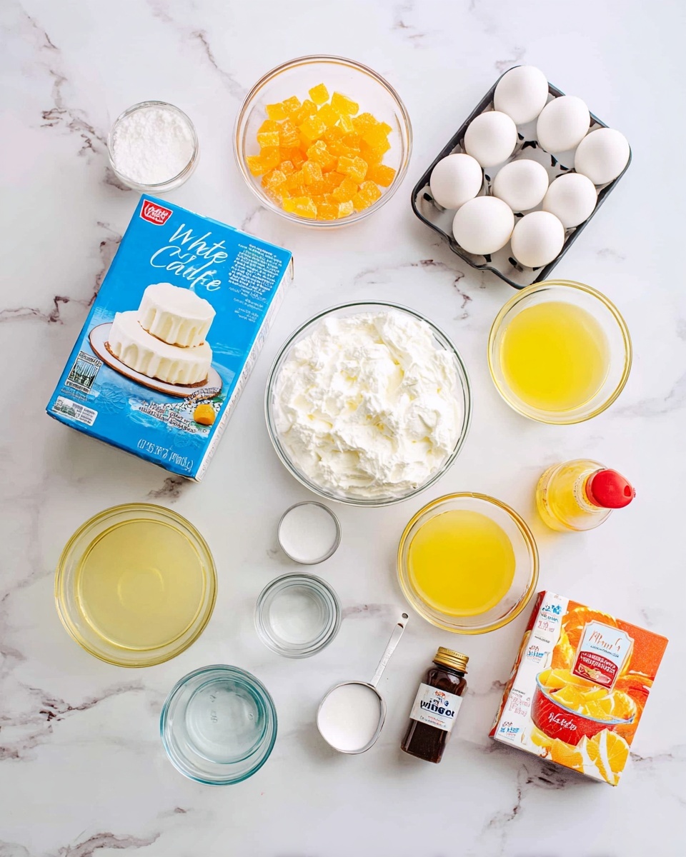 The image shows baking ingredients arranged on a white marbled surface. In the center is a blue box of white cake mix with a picture of a white two-layer cake on it. Around it are several clear glass bowls and measuring cups holding different ingredients: a large bowl of white whipped cream, a small bowl of orange jelly pieces, a jug of clear yellow liquid, a jug of white liquid, a jug of bright yellow liquid, and a small cup of clear water. There is a six-egg carton with white eggs and a small brown bottle with a red cap. Also visible are two boxes with bright orange designs labeled as orange gelatin dessert and vanilla pudding mix. All items are neatly spaced and clearly visible. Photo taken with an iphone --ar 4:5 --v 7