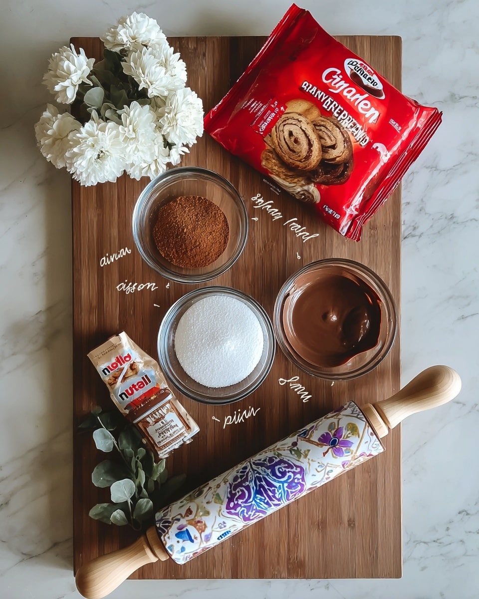 The image shows a wooden board with a white marbled texture background. On the board, there is a red bag of cinnamon raisin bread placed at the top right. Below it, there are three glass bowls arranged in a triangle: one with a brown powder labeled cinnamon on the top, one with white granulated sugar on the bottom right, and one with smooth, brown Nutella on the right side. A rolling pin with light wood handles and a white base decorated with blue and purple patterns lays diagonally from the bottom left to the center, next to a small bouquet of white flowers and green leaves. Photo taken with an iphone --ar 4:5 --v 7