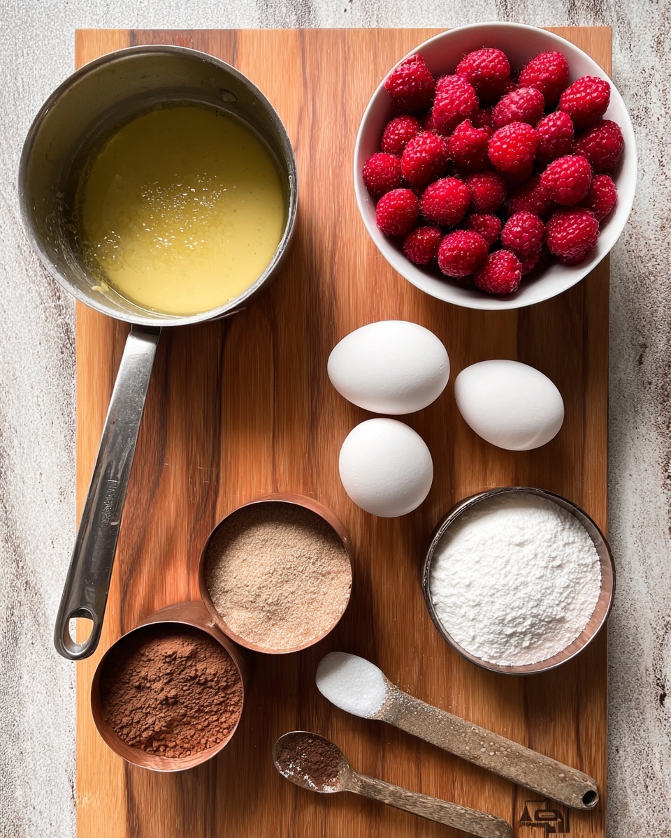 A top-down view of a cooking scene on a wooden table with a white marbled texture background, showing a small silver saucepan on the left filled with melted butter. To the right of the saucepan is a white bowl full of frozen red raspberries. Below these are three white eggs evenly spaced in a row. At the bottom are four measuring cups arranged horizontally: a copper cup with brown cocoa powder, a silver 1-cup cup with white flour, a silver ½-cup cup with light brown sugar, and a small silver spoon holding white baking powder to the far right. The scene is well-lit and clear, photo taken with an iphone --ar 4:5 --v 7