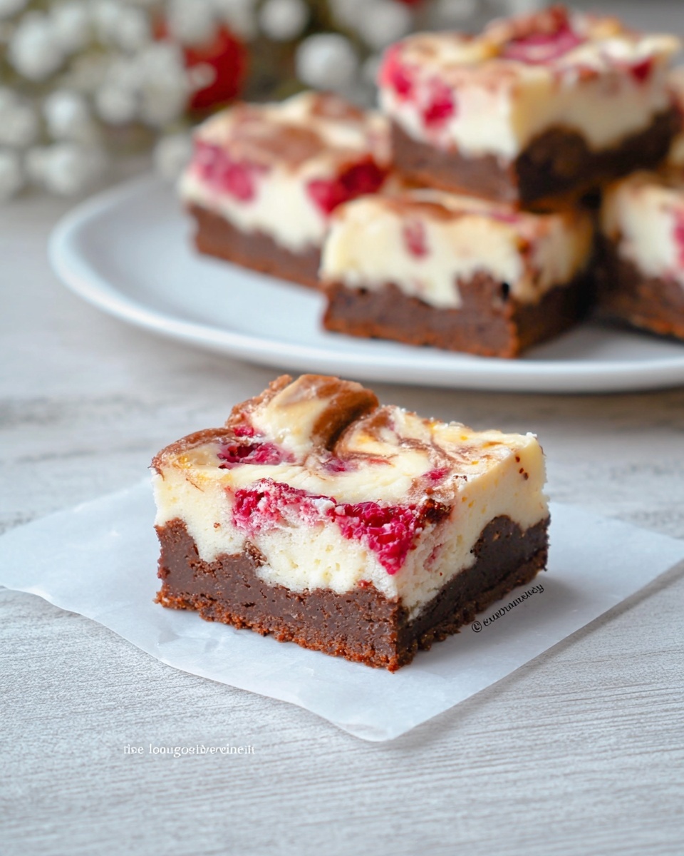 The image shows a single square piece of dessert with three visible layers placed on a piece of white paper on a white marbled surface. The bottom layer is thick, dense, and dark brown, resembling a chocolate base. The middle layer is creamy and white, with a smooth texture. The top layer is uneven and swirled, mixing patches of white creamy and light golden brown colors with bright red raspberry pieces embedded, giving a vibrant contrast. In the blurred background, there is a white plate holding several similar square dessert pieces stacked casually. Photo taken with an iphone --ar 4:5 --v 7
