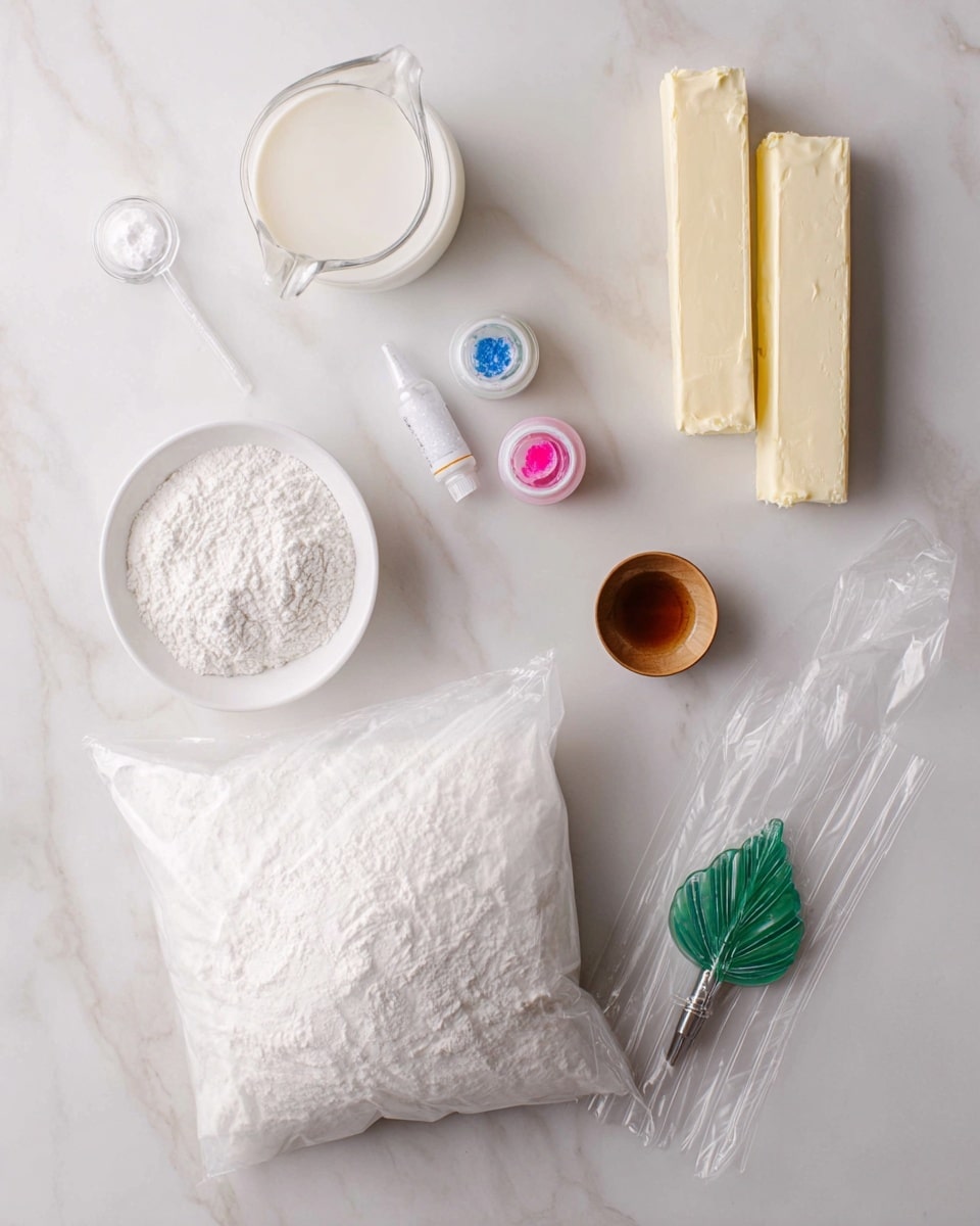 The image shows ingredients for baking arranged on a white marbled surface. There are two large clear plastic bags filled with white powder, likely flour, placed near the bottom left. Above them, a small white bowl is filled with white powdered sugar. To the upper right, there are two sticks of pale yellow butter, still wrapped in paper. A small glass pitcher filled with cream or milk is placed at the top left. Nearby, two small containers of food coloring sit side by side, one with a pink lid and the other with a blue lid. There is a small wooden bowl with a small amount of brown liquid. At the bottom right, a clear piping bag with a metal tip and a green leaf-shaped piping tip lay on the surface. The arrangement is clean and minimal with soft natural lighting. Photo taken with an iphone --ar 4:5 --v 7