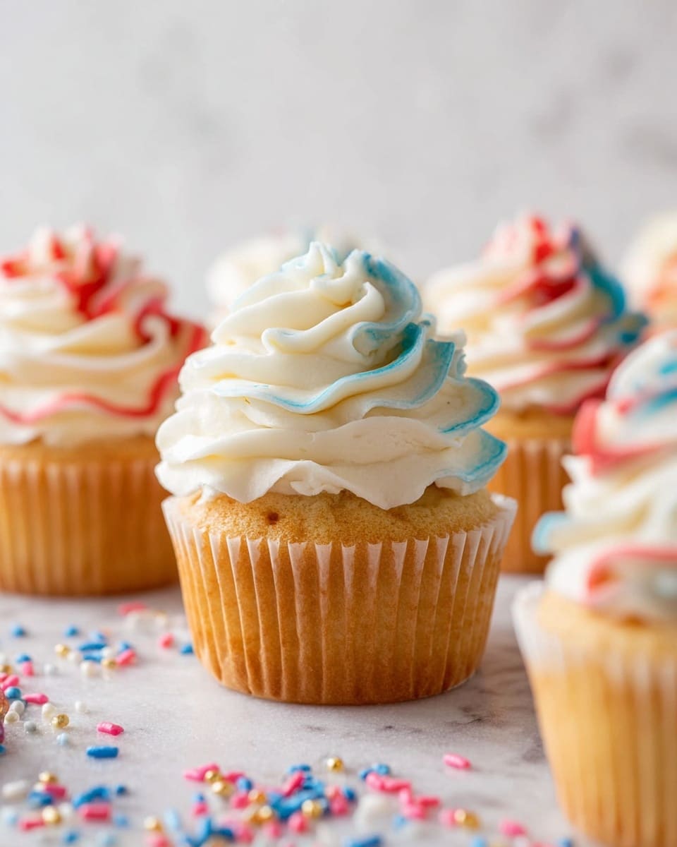 The image shows several light golden cupcakes with a single swirl of white frosting on top. Each swirl is decorated with delicate red and blue edges, giving a soft, wavy look to the frosting. The cupcakes are sitting on a white marbled surface, surrounded by small colorful sprinkles scattered around them. The focus is on the closest cupcake, with others softly blurred in the background, creating a cozy and inviting scene. photo taken with an iphone --ar 4:5 --v 7
