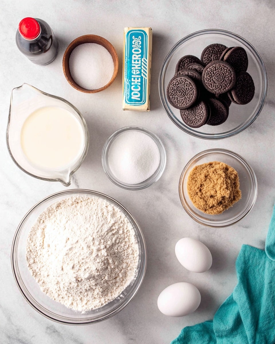 The image shows a flat layout of baking ingredients on a white marbled surface. There is one large clear bowl filled with white flour at the bottom center. Above it to the left, a smaller clear bowl contains granulated white sugar. At the top center, a clear measuring cup holds milk. To the right, a clear bowl is full of whole Oreo cookies stacked together. Moving down to the right, a smaller clear bowl holds light brown sugar. Below the milk and sugar bowls, two white eggs sit side by side. On the lower left side, there is a stick of salted butter wrapped in paper with blue text, and next to it, a small wooden bowl contains salt. Finally, near the bottom left, a small dark bottle with a red cap contains vanilla extract. A green kitchen towel is partly visible at the top left corner. photo taken with an iphone --ar 4:5 --v 7