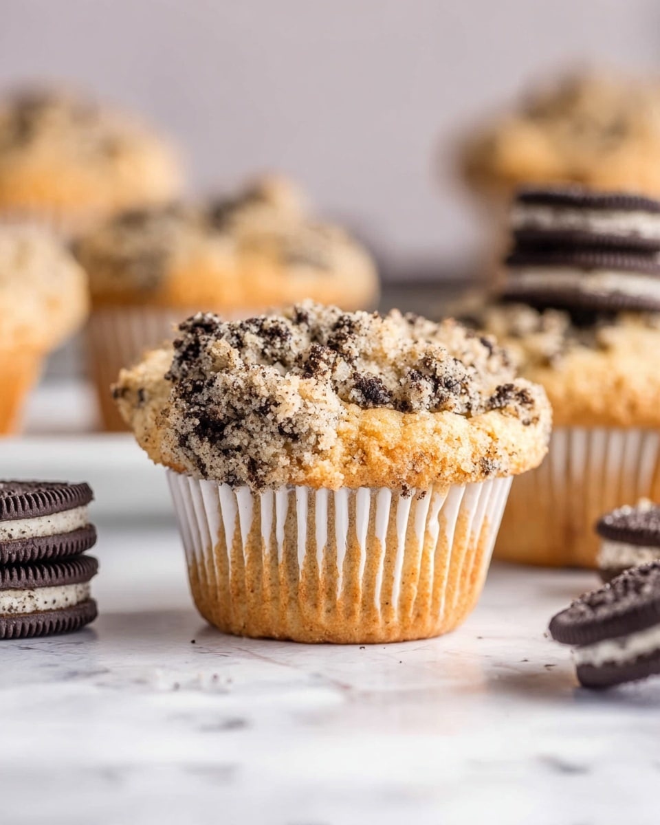 The image shows a close-up of a muffin with a rough, crumbly top covered with small dark cookie pieces. The muffin has a light brown base with tiny dark specks throughout. It sits on a white crinkled paper liner that is spread out on a white marbled surface. In the background, there are more muffins in shiny silver liners and several stacks of dark chocolate sandwich cookies with white filling. The overall feel is soft and crumbly textures with a mix of light brown and dark brown colors. Photo taken with an iphone --ar 4:5 --v 7