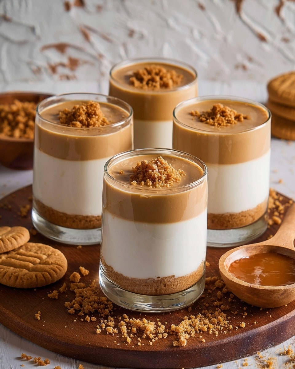 Four glasses with a layered dessert are placed on a wooden board. Each glass has three layers: the bottom layer is white and smooth, the middle layer is thin and light brown, and the top layer is thicker and tan with a smooth texture. Three glasses have small piles of crushed crumbs on top, while one glass has crumbs around the edge. There are some whole cookies and a small wooden bowl with a caramel-like sauce nearby. The background has a white marbled texture. Photo taken with an iphone --ar 4:5 --v 7