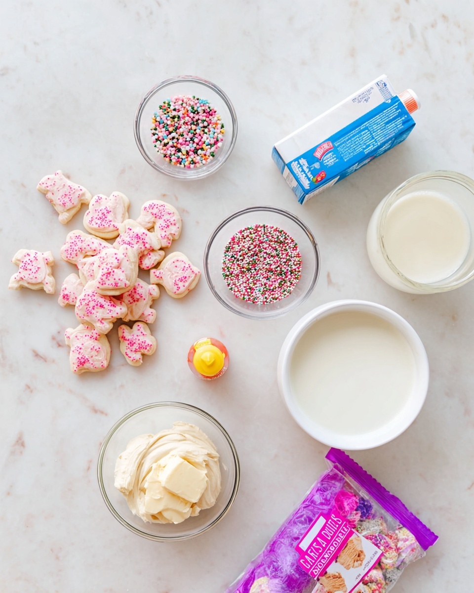 A white marbled surface holds colorful baking ingredients arranged neatly: a cluster of pink and light beige frost-covered animal cookies with small rainbow sprinkles spread around, a small clear glass bowl filled with round multicolored sprinkles to the left, and a white bowl with light cream-colored butter below it. Near the top right is a clear glass container filled with white milk. Also present are a blue box of white chocolate Jell-O and a small yellow bottle of food coloring. Below these items is a partially opened pink and purple bag of Circus Animal cookies. In the bottom left corner, a white container holds a light cream-colored frosting with a smooth texture. Photo taken with an iphone --ar 4:5 --v 7