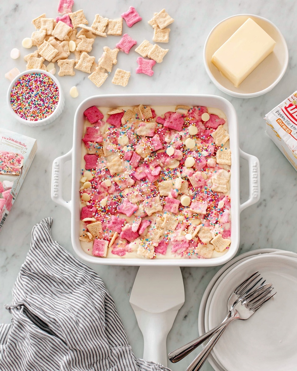 A white square dish with handles holds a dessert that has a creamy white base covered with broken pink and beige frosted animal crackers and small colorful round sprinkles scattered all over the top. To the top right, there is a small white bowl with a stick of butter, and beside it, a box of white chocolate instant pudding. Around the dish, broken pieces of the same frosted animal crackers lay on a white marbled surface. At the bottom, a grey striped cloth has a white spatula resting on it, and near the bottom right corner, there are stacked white plates with metal forks on top. photo taken with an iphone --ar 4:5 --v 7
