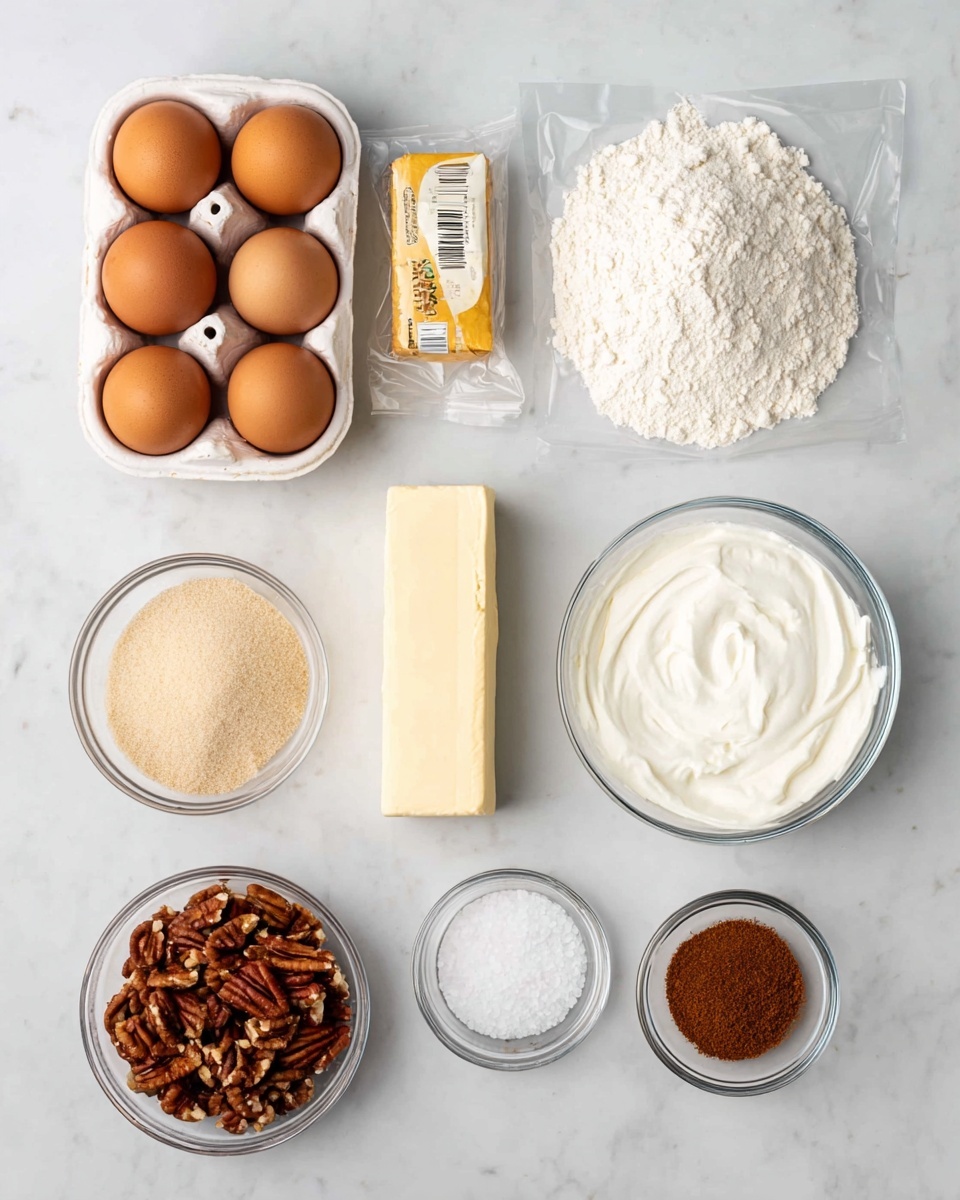 The image shows a top-down view of several baking ingredients neatly arranged on a white marbled surface. In the top left, there is a white ceramic egg tray holding three brown eggs. To its right, there is a clear plastic bag filled with white flour. Below the eggs is a clear glass bowl filled with thick white cream or yogurt. Next to that is another clear glass bowl filled with flour. In the center, there is a block of unsalted butter with yellow packaging. Below the butter is a small clear glass bowl with white salt. To the bottom left, there is a small clear glass bowl filled with light brown sugar. Next to that is a clear glass bowl filled with chopped pecans. Lastly, in the bottom right corner, there is a very small clear glass bowl with ground cinnamon. All ingredients are displayed clearly on the clean, white marbled surface. Photo taken with an iphone --ar 4:5 --v 7