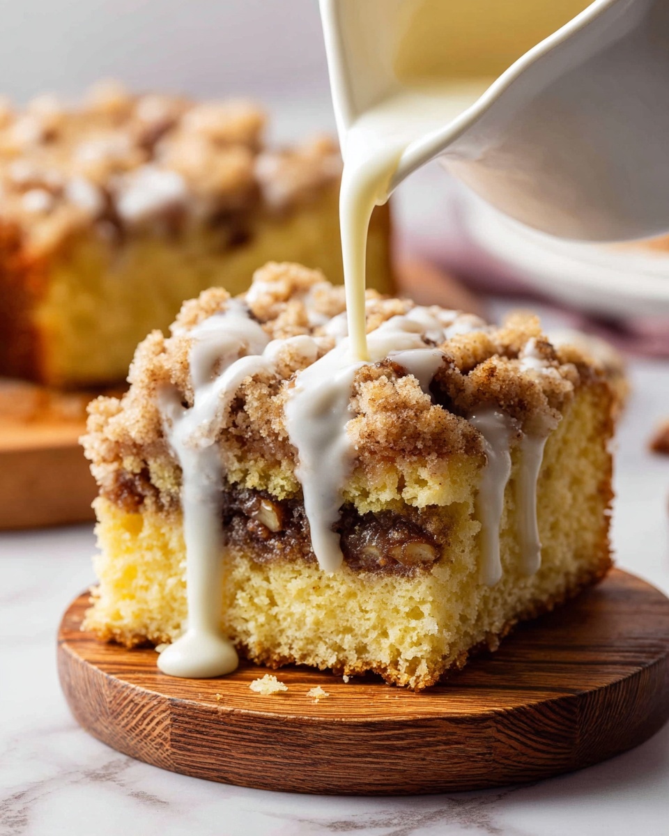 A close-up view of a thick square piece of yellow cake with a crumbly brown topping that looks crunchy and nutty, sitting on two round wooden coasters on a white marbled surface. The cake has a middle layer of darker, moist filling, likely cinnamon or nuts. White icing is being poured from a white pitcher onto the top of the cake, dripping down the sides and pooling a little on the wooden coasters. The background is softly blurred with another piece of cake visible in the distance. photo taken with an iphone --ar 4:5 --v 7