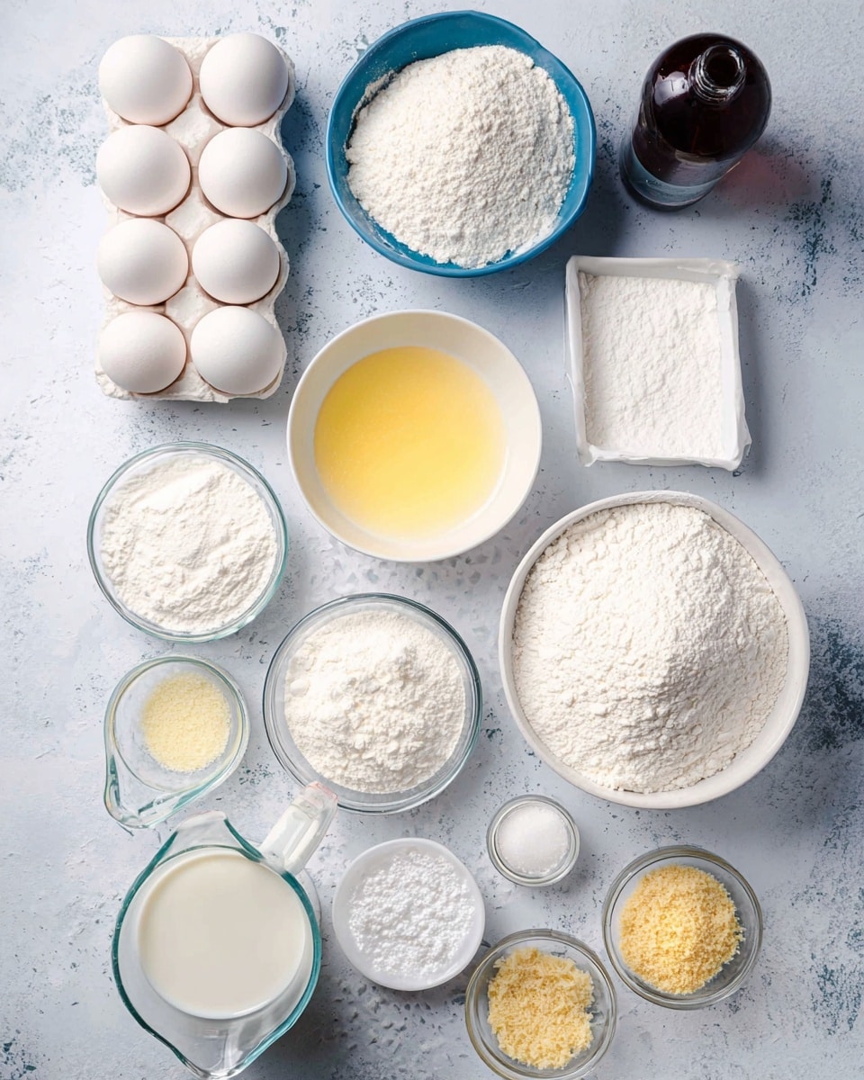 The image shows a flat lay of various baking ingredients arranged on a white marbled surface. There are four whole white eggs in a white carton at the top left, a blue bowl filled with white flour near the top center, and a small white square dish with white powder to the right of it. Below, there is a white round bowl with melted yellow butter, a clear glass jar of milk, a large white bowl filled with more white powder on the right, and a transparent measuring cup with cream toward the bottom left. Additionally, there are several small glass bowls and dishes containing different white powders and a golden crumbly ingredient at the bottom right. A dark brown bottle is placed near the top right corner. All these elements create a neat, clean setup for baking preparation photo taken with an iphone --ar 4:5 --v 7