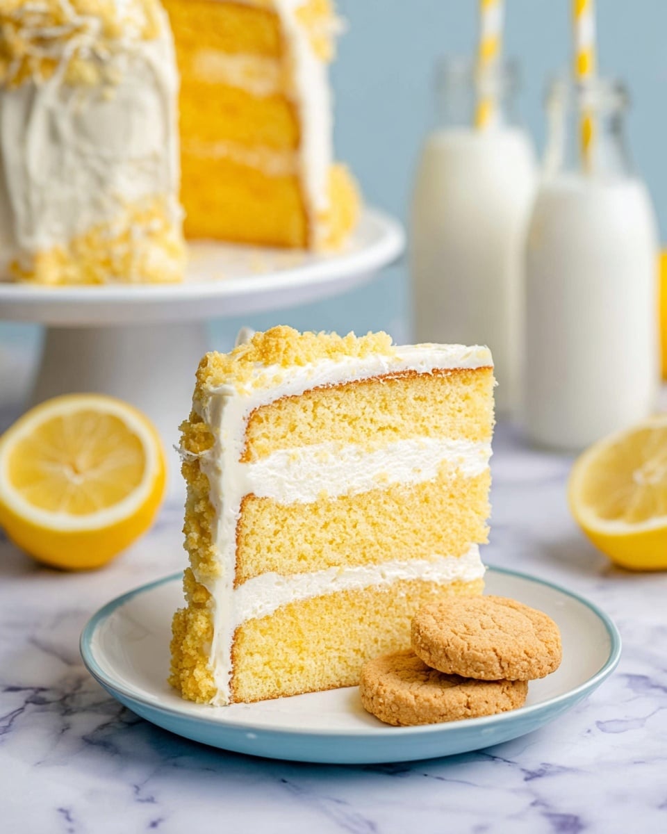 The image shows a tall slice of two-layer yellow cake on a white plate with a light blue rim, placed on a white marbled surface. The bottom and top layers are golden yellow sponge cake, separated by a white creamy frosting layer. The entire cake slice is covered with the same frosting, which has a slightly crumbly texture on top. Two small round cookies with a cracked surface and light golden color sit next to the cake on the plate. In the background, a partially visible whole cake is placed on a white plate, along with two bottles of milk with straws. Two lemon halves are positioned at the front on the white marbled surface. photo taken with an iphone --ar 4:5 --v 7