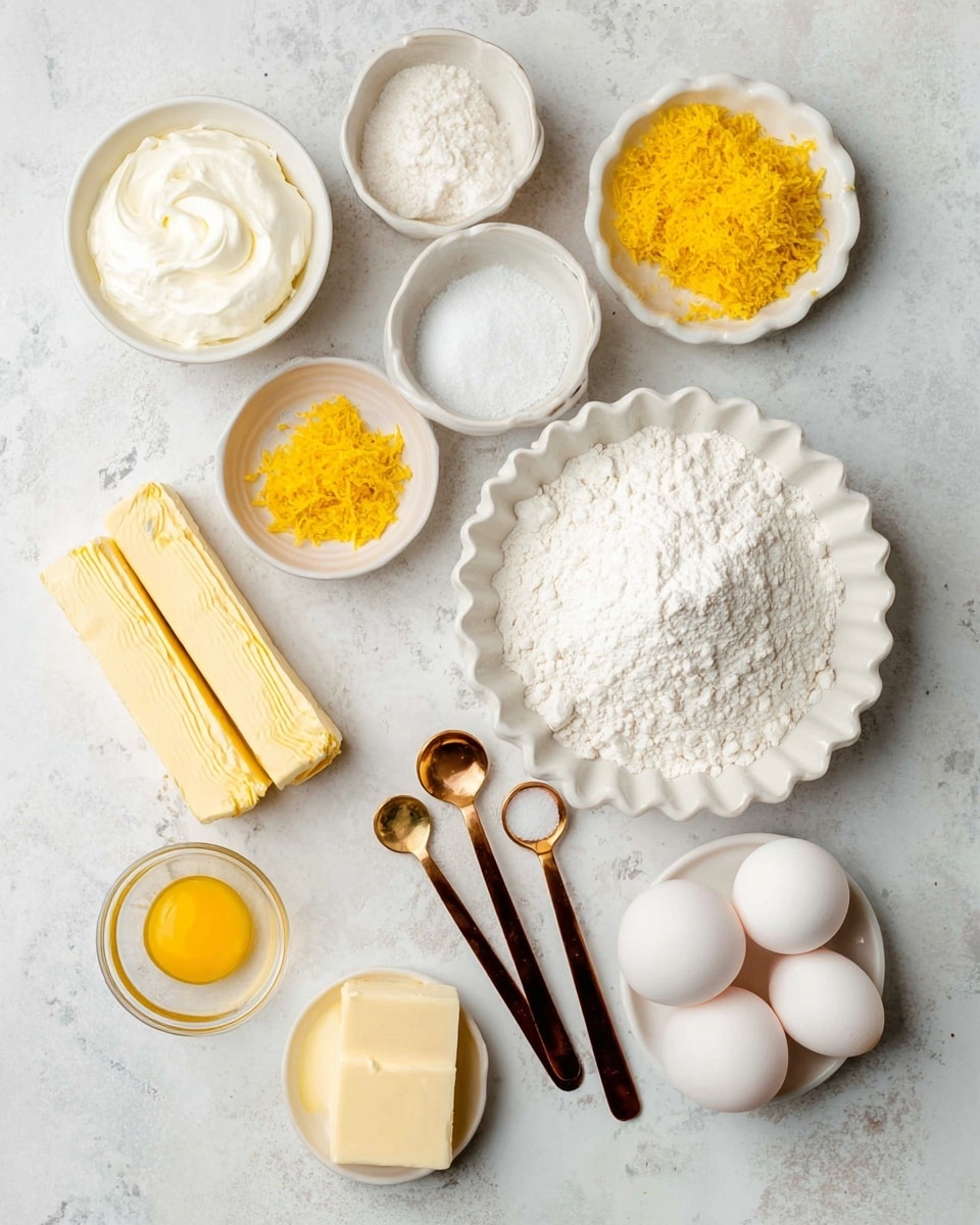 The image shows baking ingredients neatly arranged on a white marbled surface. There are several white bowls holding different ingredients: one with a thick white cream, another with bright yellow zest, one with granulated sugar, and another with white powdered sugar. A scalloped white bowl filled with white flour is placed near two sticks of unsalted butter wrapped in yellow paper. Three golden spoons and three measuring spoons with dark wooden handles hold small amounts of white powdered substances. A small glass bowl contains a yellow liquid next to a white bowl with a single egg yolk. A larger white bowl holds three whole eggs. The whole scene has a clean, bright look with soft natural light. Photo taken with an iphone --ar 4:5 --v 7
