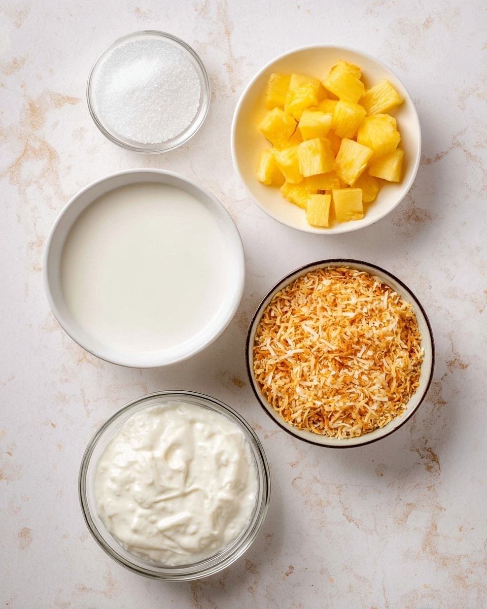 Five bowls are placed on a white marbled surface. In the center top is a white bowl filled with smooth white coconut milk. Below it, slightly to the right, is a white bowl with bright yellow diced pineapple pieces. To the left of the pineapple is a small clear bowl full of white granulated sugar. Below the sugar bowl is another clear bowl with thick white yogurt, showing a creamy texture. At the bottom right is a white bowl with a dark rim, filled with toasted golden-brown shredded coconut. photo taken with an iphone --ar 4:5 --v 7