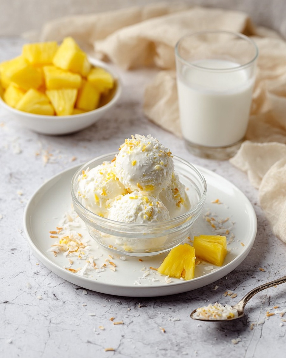 The image shows a white round plate on a white marbled surface with a clear glass bowl in the center holding three small scoops of white ice cream with bits of yellow mixed in. Around the bowl on the plate, toasted coconut flakes are scattered lightly, and two small pieces of bright yellow pineapple are placed next to the bowl. Behind the plate, there is a white bowl filled with more chunks of yellow pineapple and a tall glass of white liquid, likely milk. A silver spoon with some ice cream on it rests on the surface near the bottom right edge of the plate, and a beige cloth is softly draped in the background. photo taken with an iphone --ar 4:5 --v 7