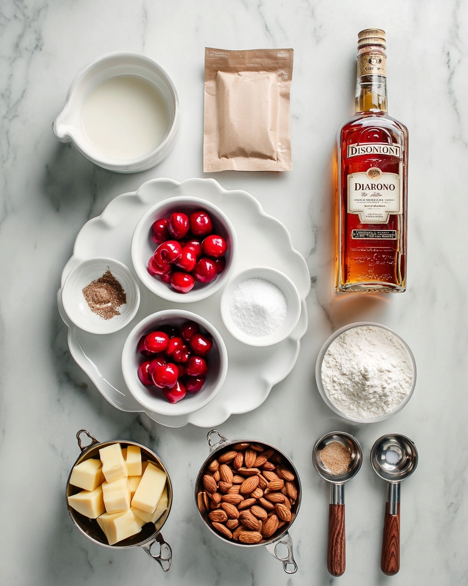 The image shows various ingredients arranged neatly on a white marbled surface. At the top right is a clear glass bottle with amber liquid labeled Disaronno. To its left are two small white bowls, one filled with white liquid and the other with a brown paper packet. Below them is a large white scalloped plate holding three small white bowls; the center bowl is filled with bright red cherries, the bowl on the left has white liquid, and the bowl on the right contains white powder. To the right of the plate, a small bowl holds white sugar with a sprinkle of brown spice. Below that are two metal measuring spoons side by side. Across the bottom, four metal measuring cups with wooden handles hold small cubes of yellow butter, whole almonds, sliced almonds, and white flour from left to right. The overall setup is clean and organized with a soft natural light. Photo taken with an iphone --ar 4:5 --v 7