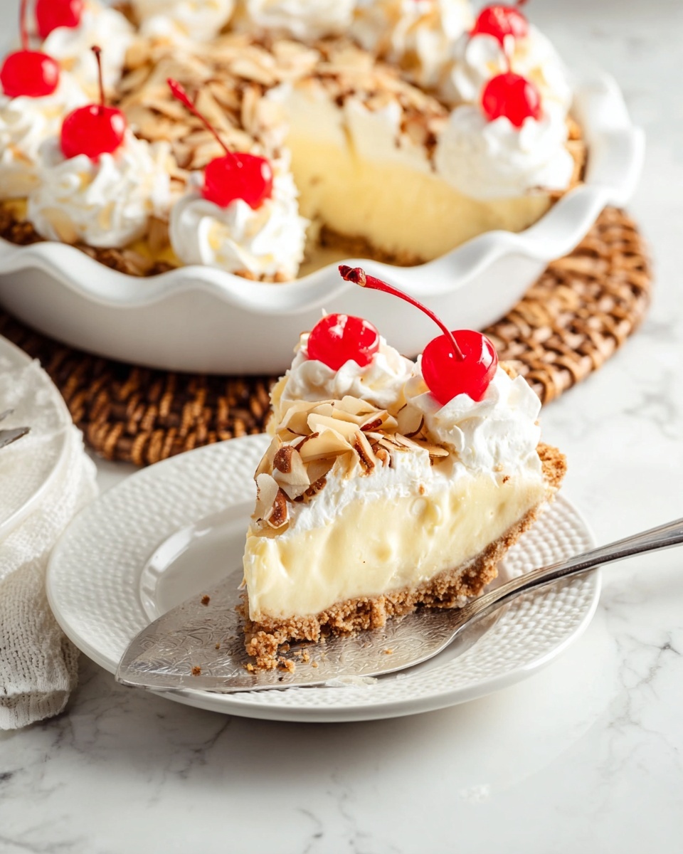A slice of pie sits on a white plate with a textured rim, showing three main layers: a crumbly light brown crust as the bottom layer, a thick creamy pale yellow filling in the middle, and a topping of white whipped cream decorated with a bright red cherry and scattered light brown almond slices on top. The pie slice is on a metal pie server, with the full pie in a scalloped white ceramic pie dish in the background sitting on a woven brown coaster on a white marbled surface. The pie topping is decorated evenly with swirls of whipped cream and cherries on each swirl. Photo taken with an iphone --ar 4:5 --v 7