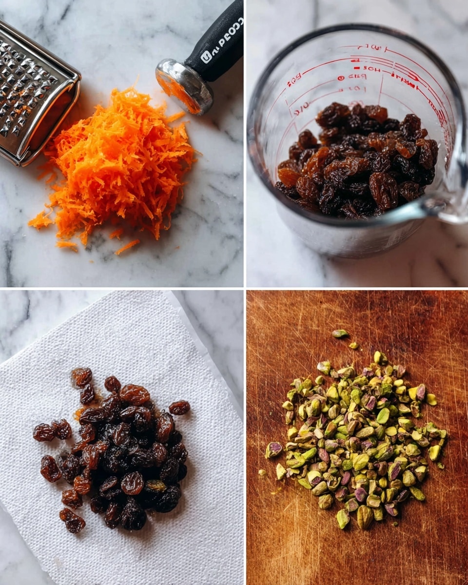 The image shows a collage of four close-up photos of different food ingredients on a white marbled surface. The first photo displays a small pile of finely shredded orange carrot with a metal grater and a black peeler nearby. The second photo shows a clear glass measuring cup with dark brown raisins inside. The third photo has a small heap of dark raisins resting on a white paper towel. The fourth photo features chopped green pistachios scattered on the white marbled surface. photo taken with an iphone --ar 4:5 --v 7