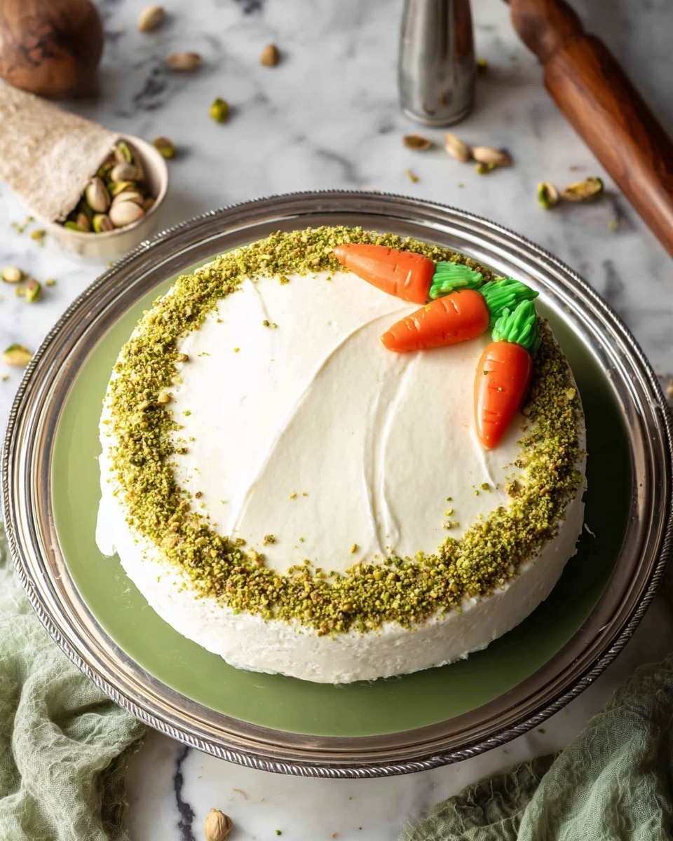 The image shows a round cake with smooth white frosting on top, decorated with a border of crushed green pistachios around the edge. There are three small orange carrot-shaped decorations with green leaves positioned on one side of the cake, adding a nice touch of color and texture. The cake is placed on a white plate with a green inner surface, which sits on a larger silver tray. The whole setup is on a table with a white marbled texture background, with some kitchen items and cloth nearby. photo taken with an iphone --ar 4:5 --v 7
