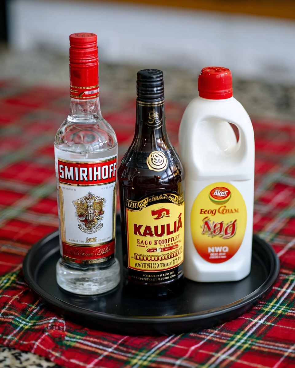 The image shows three bottles arranged side by side on a round black tray placed on a red, green, and white plaid cloth with a white marbled surface in the background. The first bottle on the left is clear with a red cap and