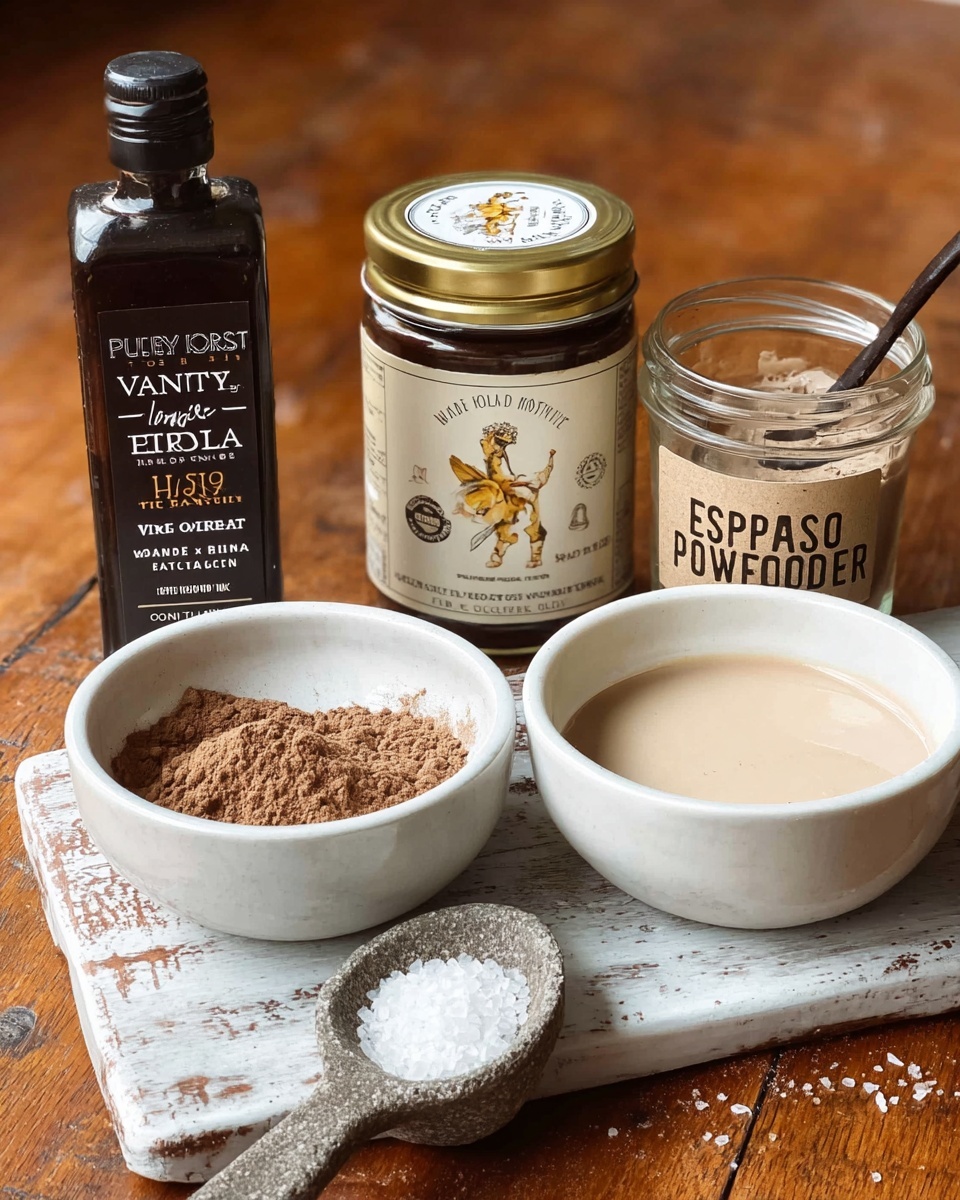 The image shows a wooden table with a white marbled texture on top. On it are three white bowls, each with different contents: the left bowl has coarse brown powder, the right bowl contains a smooth pale beige liquid, and in the foreground is a small stone spoon holding coarse white salt. Behind the bowls, there are three containers: a dark brown bottle labeled