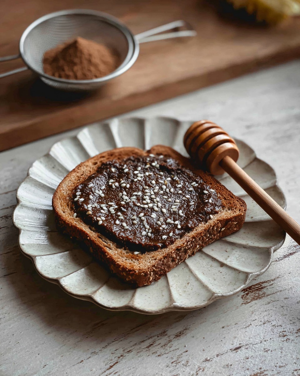 A single slice of toasted brown bread sits centered on a white plate with petal-like textured edges. On top of the toast, there is a thick layer of dark brown spread with a slightly rough texture, sprinkled with small white sesame seeds. To the right of the toast on the plate, there is a wooden honey dipper with honey visible on its ridges. In the background, a white bowl with a metal sieve holds brown powder, resting on a wooden surface replaced by a white marbled texture. The image has soft, natural lighting and shallow depth of field. photo taken with an iphone --ar 4:5 --v 7