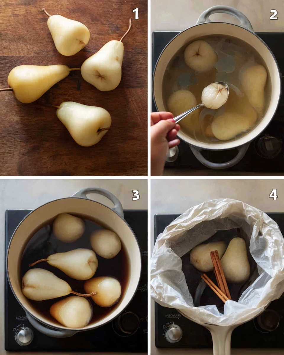 The image shows four steps of making poached pears. In the first part, several halved pears are placed on a wooden surface, with a woman's hand holding a small spoon scooping out the core from one pear half. The second part shows a white pan on a stove with translucent liquid and a large piece of pear floating in it. The third part presents whole peeled pears and a cinnamon stick submerged in dark liquid inside the white pan. The fourth part depicts the white pan on the stove again, now covered with crumpled parchment paper over the pears and liquid. photo taken with an iphone --ar 4:5 --v 7