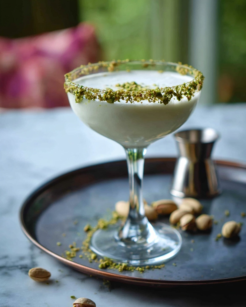 A clear glass cocktail coupe filled with a smooth, creamy white drink that has a frothy top layer. The glass rim is decorated with finely crushed green pistachio pieces, giving a rough and textured green border around the drink. The glass sits on a dark round tray with a few whole pistachios scattered nearby, alongside a small silver jigger. The setting has a soft focus background with green and pink colors blurred out, and the surface under the tray is a white marbled texture. Photo taken with an iphone --ar 4:5 --v 7