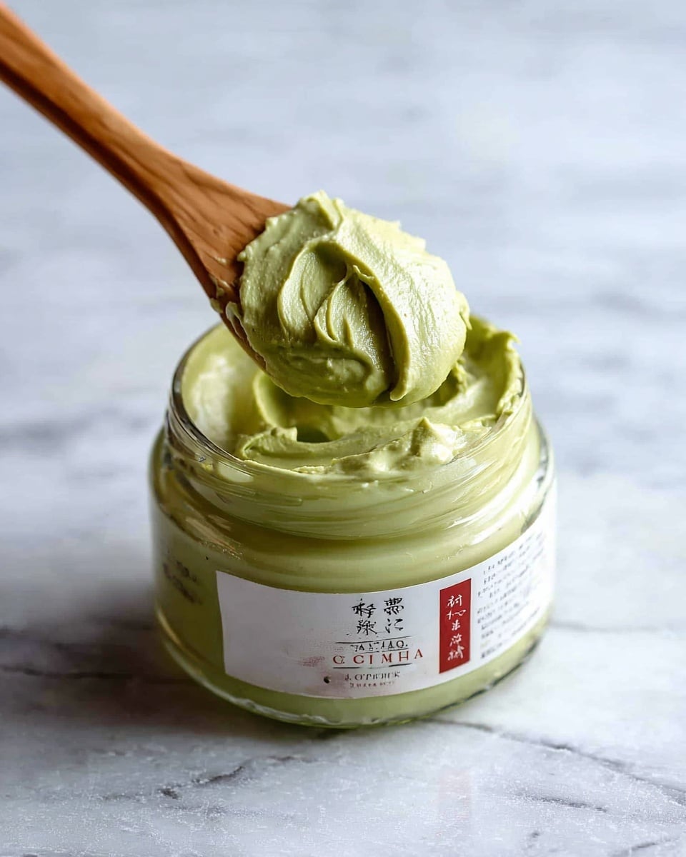 A small clear glass jar filled with creamy, thick light green spread, with some spread on the inside rim of the jar. A wooden spatula is lifting a dollop of the green spread, showing its smooth and slightly textured look. The jar has a white label with red and black text on the front, sitting on a white marbled surface. photo taken with an iphone --ar 4:5 --v 7