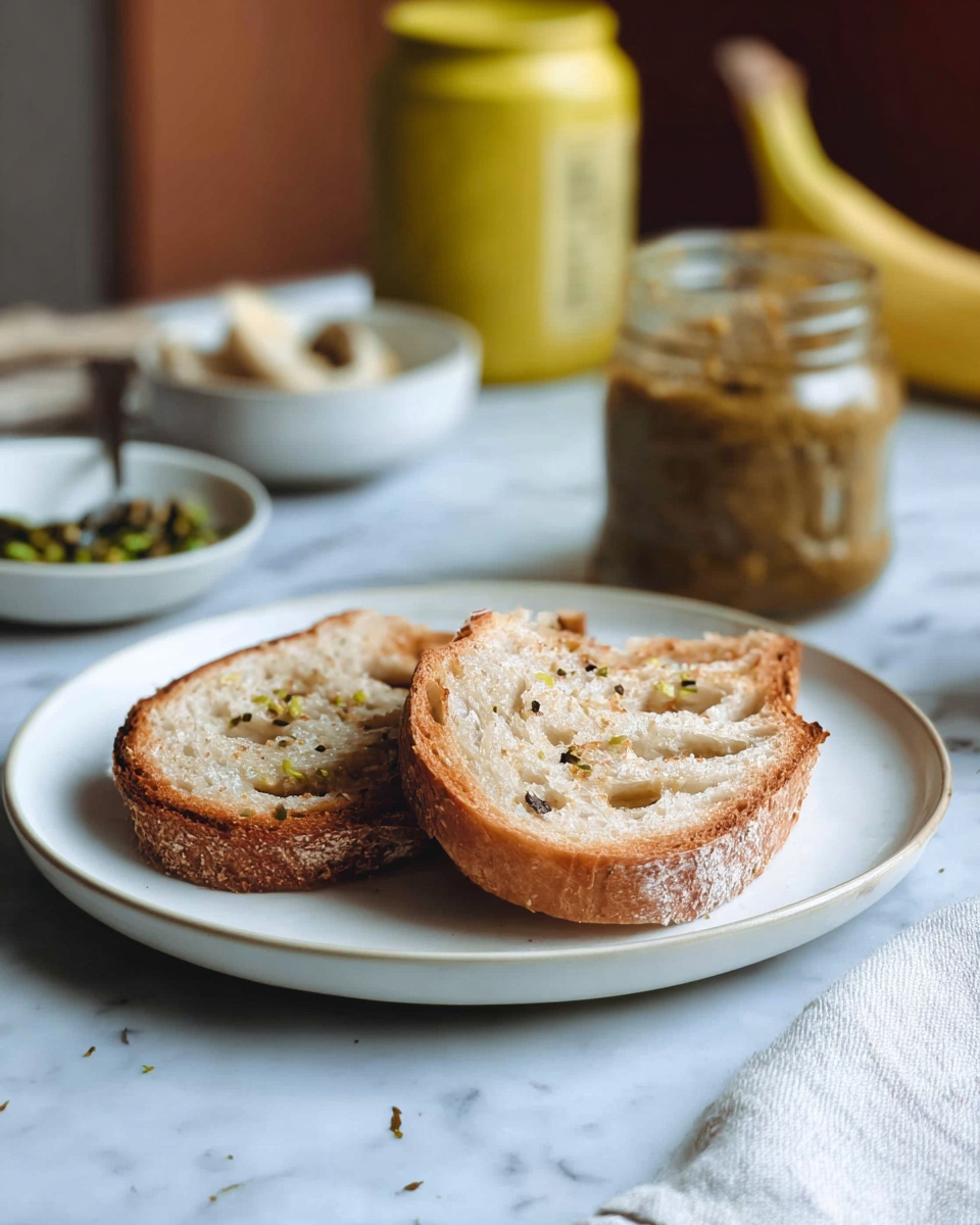 The image shows two pieces of toasted bread placed side by side on a white plate, each piece golden brown with visible air pockets and slightly crusty edges. In the background, on a white marbled surface, there is a small white bowl containing some green and dark fragments, a yellow jar with a lid, two bananas, and an open jar filled with a brown-green spread to the right. A white cloth is partially visible near the bottom right corner. The scene is softly lit, giving a cozy, natural feel. photo taken with an iphone --ar 4:5 --v 7