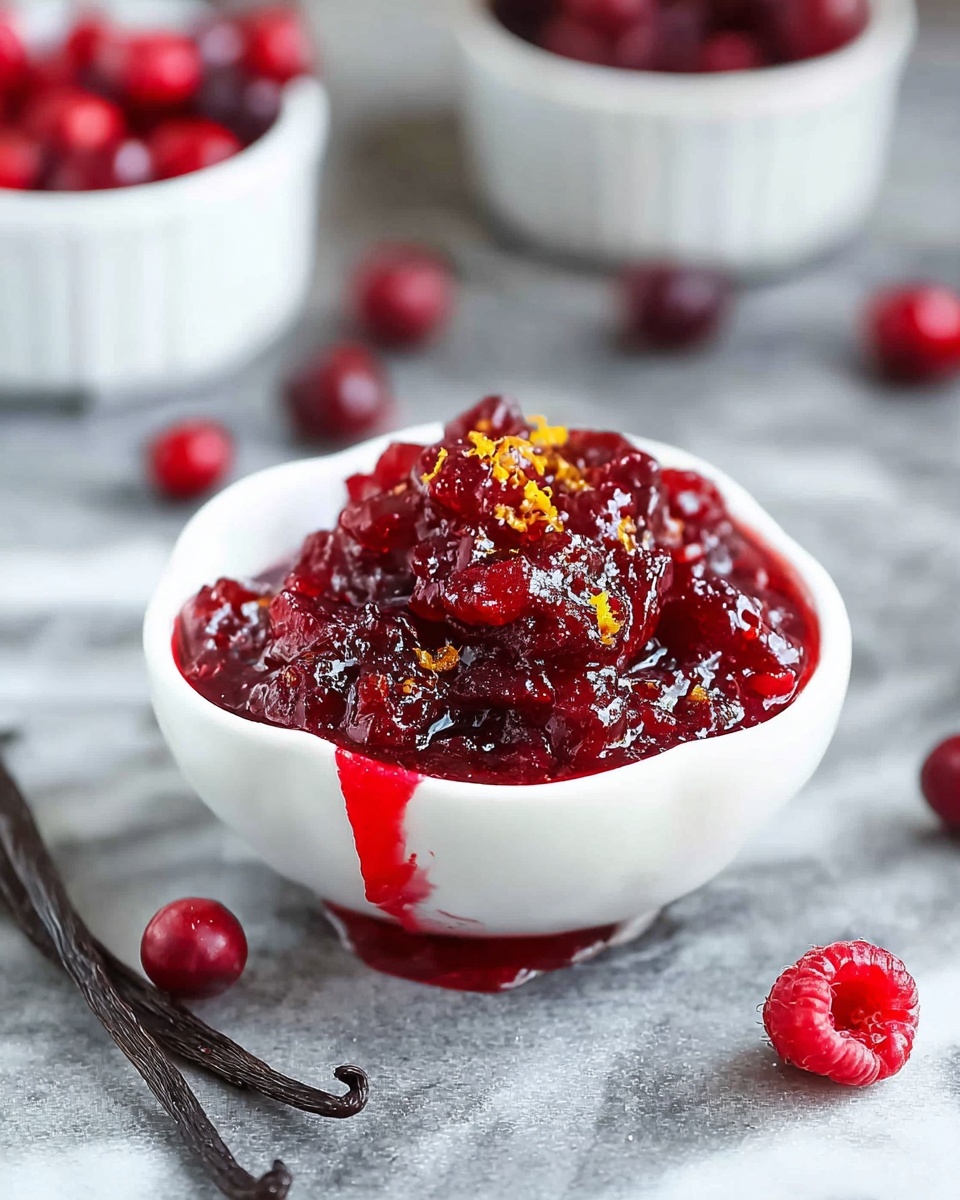 A small white bowl filled with a thick, vibrant red cranberry sauce mixed with whole and crushed cranberries, showing a glossy, textured surface with some bits of orange zest scattered on top. The sauce is slightly spilling over the edge of the bowl, resting on a white marbled textured surface. Around the bowl, there are fresh red cranberries and a raspberry with some sauce drips nearby, adding a natural, fresh look. In the background, two vanilla pods lie crossed, and part of another white bowl filled with cranberries is seen out of focus. Photo taken with an iphone --ar 4:5 --v 7