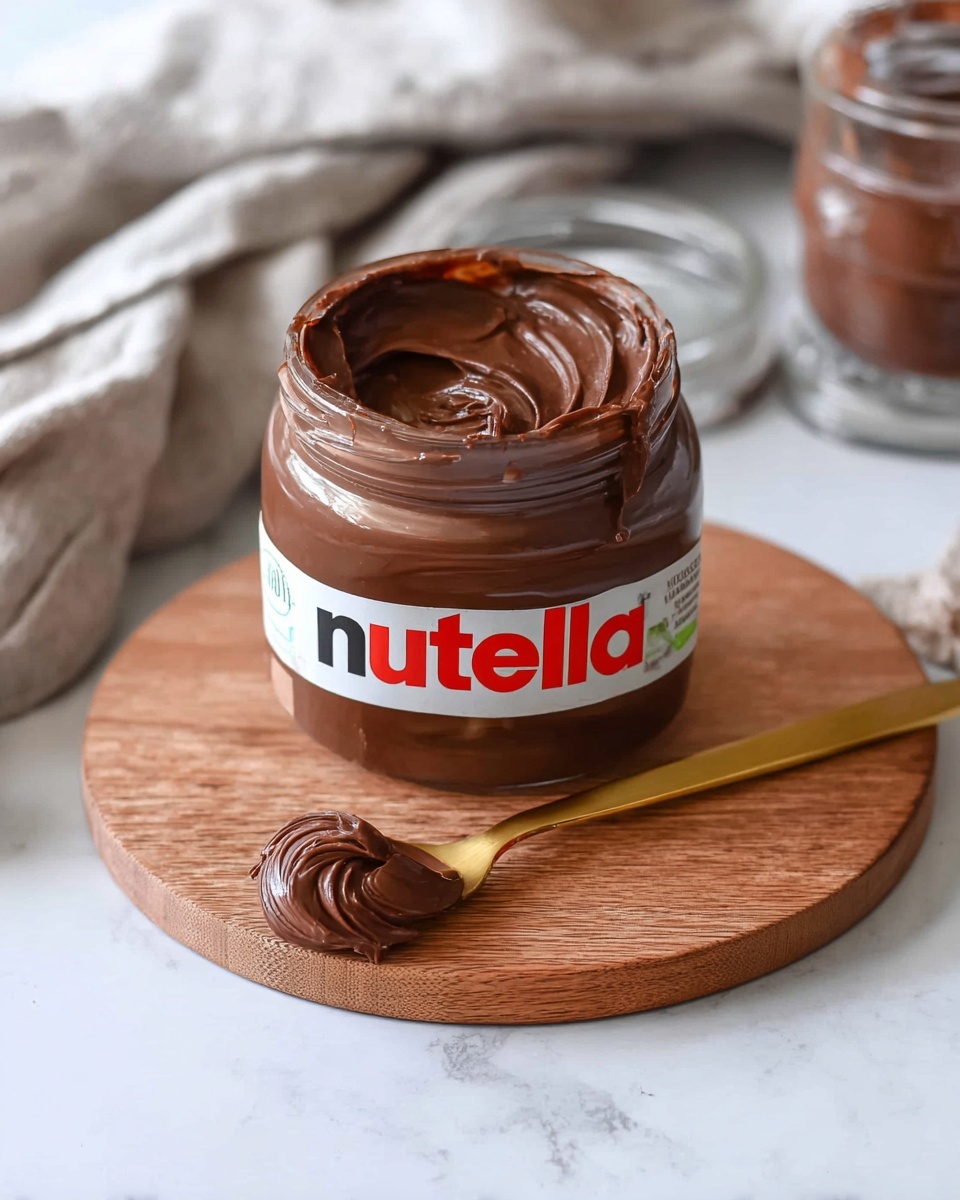 A clear glass jar of Nutella sits open on a round wooden board with a smooth, shiny chocolate spread inside, its surface partially smeared near the rim showing a thick, creamy texture in dark brown. In front of the jar, a golden spoon lies flat on the board with a dollop of the same Nutella spread, swirling with a glossy, rich finish. The background features a soft, wrinkled light cloth and transparent glass jars blurred out, all placed on a white marbled surface. The overall look is clean, warm, and inviting. photo taken with an iphone --ar 4:5 --v 7