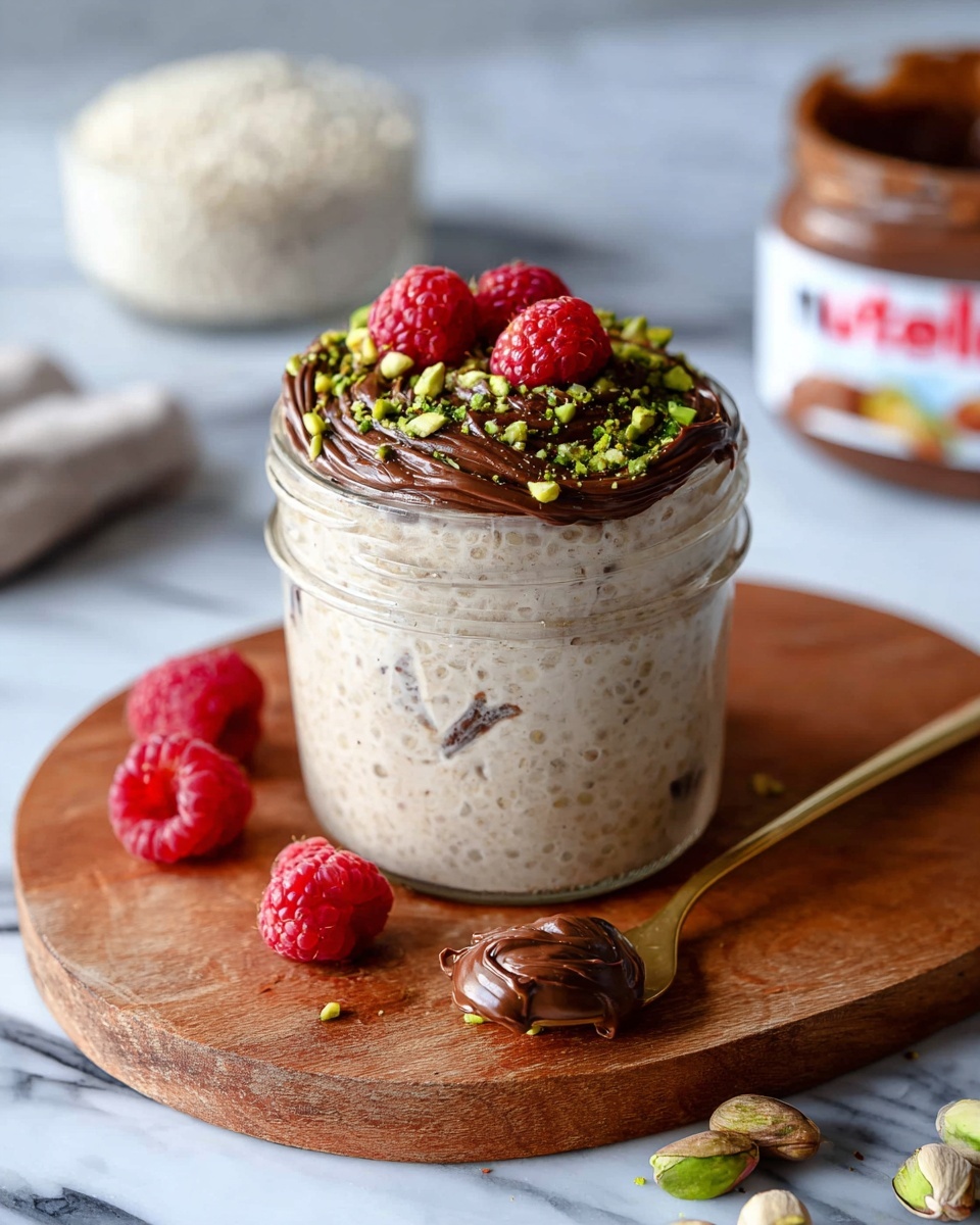 A clear glass jar filled with a light beige creamy mixture, topped with a swirl of dark chocolate spread surrounded by bright green chopped nuts and three whole red raspberries placed at the back edge. The jar sits on a round wooden board with a few scattered green nuts and three raspberries in front of it. A gold spoon with some chocolate spread rests on the lower right side of the board. The background shows a white marbled surface with a blurred jar filled with a white grain and an open jar of chocolate spread. Photo taken with an iphone --ar 4:5 --v 7