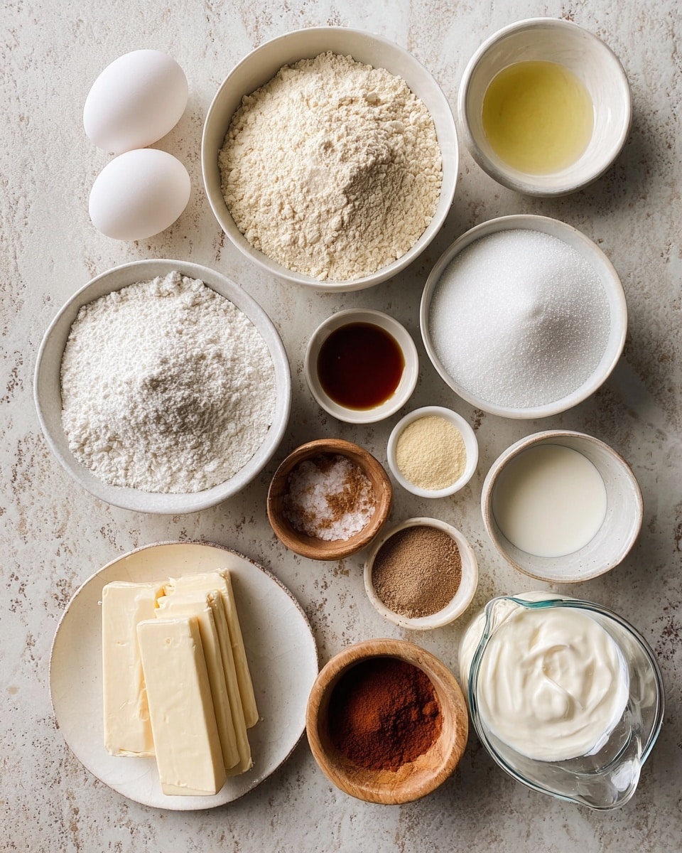 The image shows various baking ingredients arranged on a white marbled surface. There are two whole white eggs in the top left corner. Below them, a white bowl filled with light beige flour and another white bowl filled with white powdered sugar are placed side by side. Next to the eggs, a white bowl is filled with granulated sugar. To its right, there is a smaller white bowl containing a pale yellow liquid, likely oil, and beside it, a smaller white bowl with a dark brown liquid, likely vanilla extract. Below these, a wooden bowl contains three different powders: white salt, light brown baking powder, and beige spice. On the bottom left, a white plate holds two sticks of butter, one partially wrapped with a label. Near this plate, there is a half unwrapped butter stick. To the right, a glass measuring cup holds milk. Also present is a white bowl with thick white cream, and a small dark bowl of brown powder, likely coffee or cocoa. The ingredients are spread out naturally, showing a mix of smooth, grainy, and powdery textures. photo taken with an iphone --ar 4:5 --v 7
