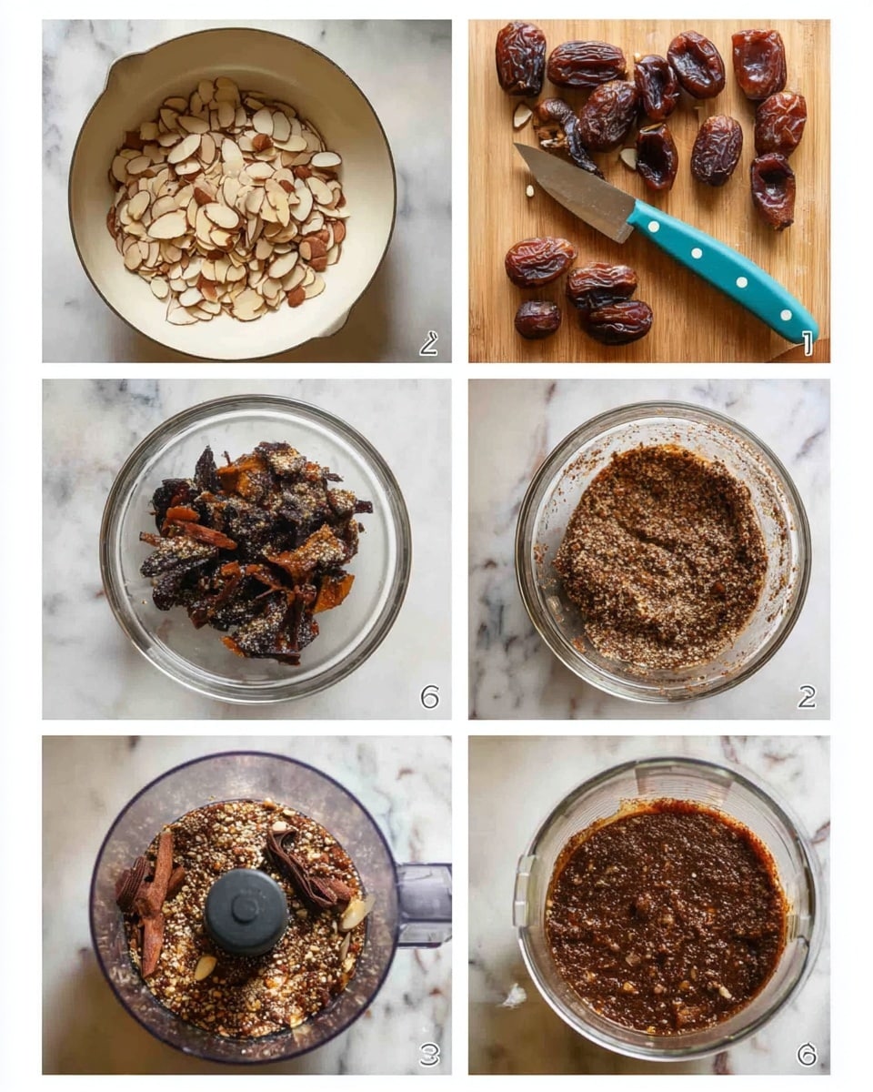 The images show a step-by-step process to make a nut and fruit paste. The first image has a white pan filled with a single layer of sliced almonds, light beige with brown edges, spread evenly. The second image shows a wooden board with medium brown dried figs and darker brown dates arranged next to a knife with a pale blue handle. The third image presents a clear glass bowl containing dark dried fruits and nuts soaking in water, with steam rising. The fourth image shows close-up chopped soaked fruits inside a food processor with textured pieces in dark brown and amber colors. The fifth image shows the mixture with added sliced almonds and spices inside the food processor, with rough textures and light beige almond slivers scattered on top. The sixth image shows the final smooth paste in a clear bowl, with a rich dark brown, slightly grainy texture. The surface under the bowls is white marbled. Photo taken with an iphone --ar 4:5 --v 7