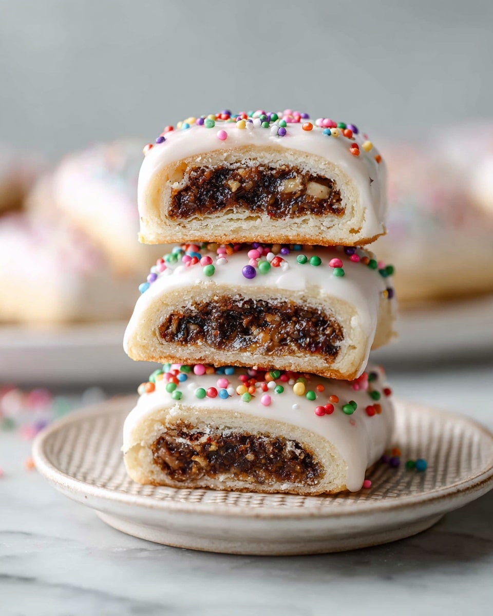 A stack of four small rectangular pastries with a white icing layer on top, each decorated with colorful round sprinkles. Each pastry is cut in half, showing a thick dark brown filling with a rough texture and small bits inside, all wrapped by a soft, light beige dough layer. The pastries are placed on a textured white plate, and the entire scene is set on a white marbled surface with a blurred background. photo taken with an iphone --ar 4:5 --v 7