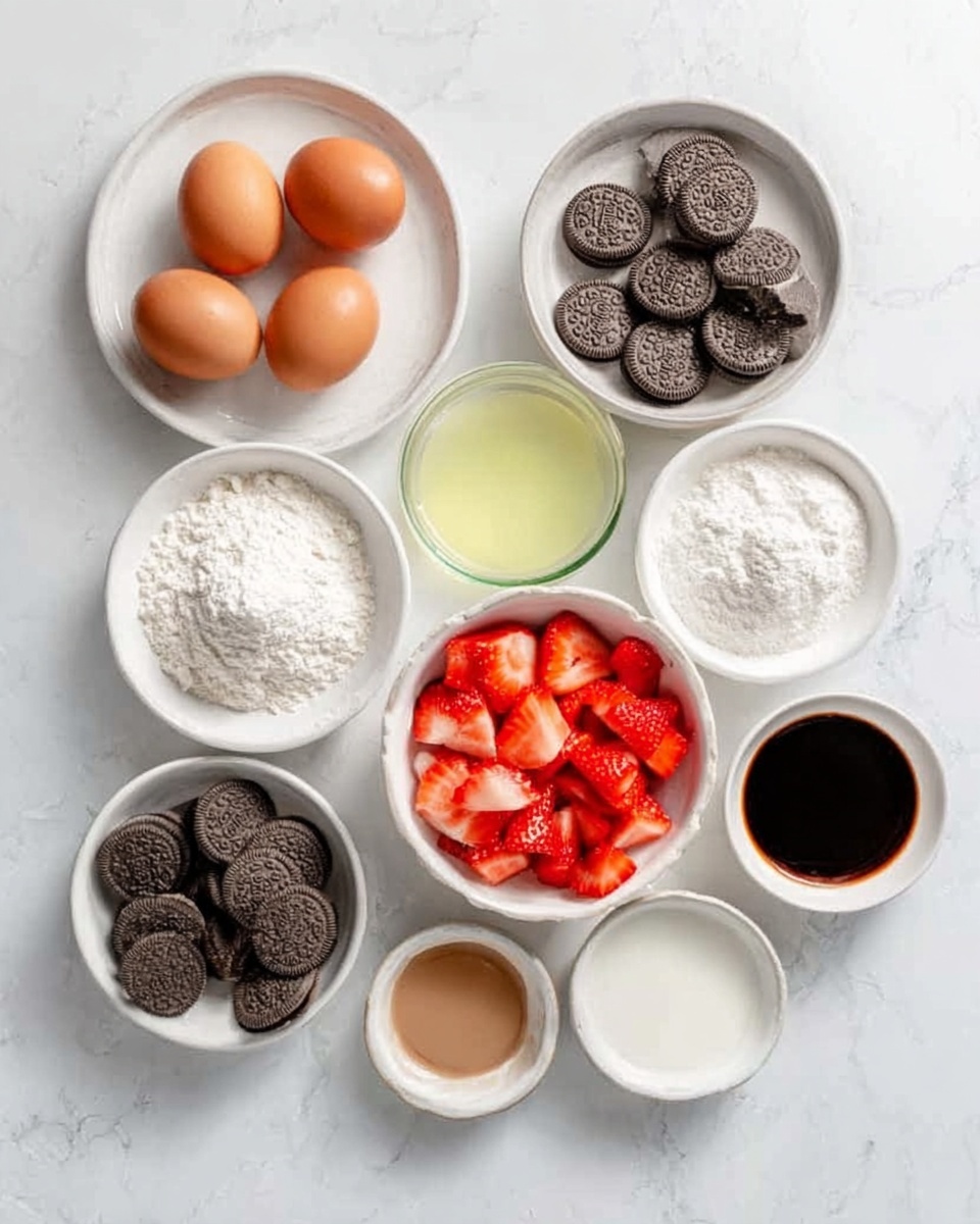 The image shows white bowls and a white plate arranged on a white marbled surface, each filled with different baking ingredients. There are two eggs side by side, a bowl with brown powder, a bowl with a light yellow liquid, a bowl with white powder, a bowl with chocolate sandwich cookies, a bowl with chopped red strawberries, a bowl with white liquid, another small bowl with a light brown liquid, and a small bowl with dark brown liquid. All items are neatly placed and clearly visible. photo taken with an iphone --ar 4:5 --v 7
