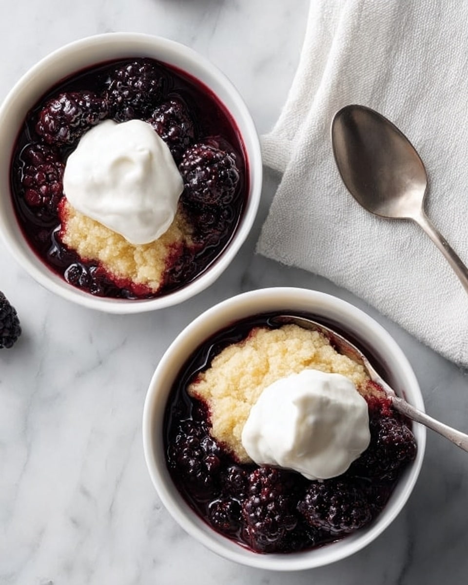 Two small white bowls filled with a dessert that has three layers: the bottom layer is dark purple blackberry sauce with whole blackberries, the middle layer is a light golden biscuit or cake topping that is slightly rough in texture, and the top layer on one bowl is a dollop of smooth white whipped cream. The bowls sit on a white marbled surface, next to a silver spoon and a white napkin. Photo taken with an iphone --ar 4:5 --v 7